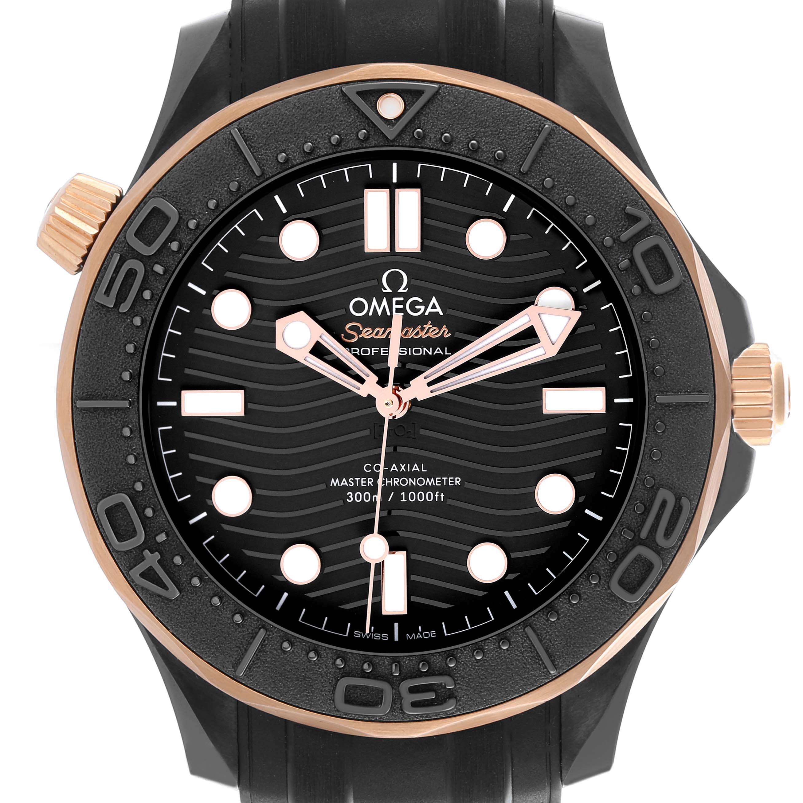 The Omega Seamaster 210.62.44.20.01.001 Men's Ceramic Black Dial 210.62.44.20.01.001 Men's Ceramic Black Dial watch face is shown from a front angle, displaying the dial, bezel, and crown.