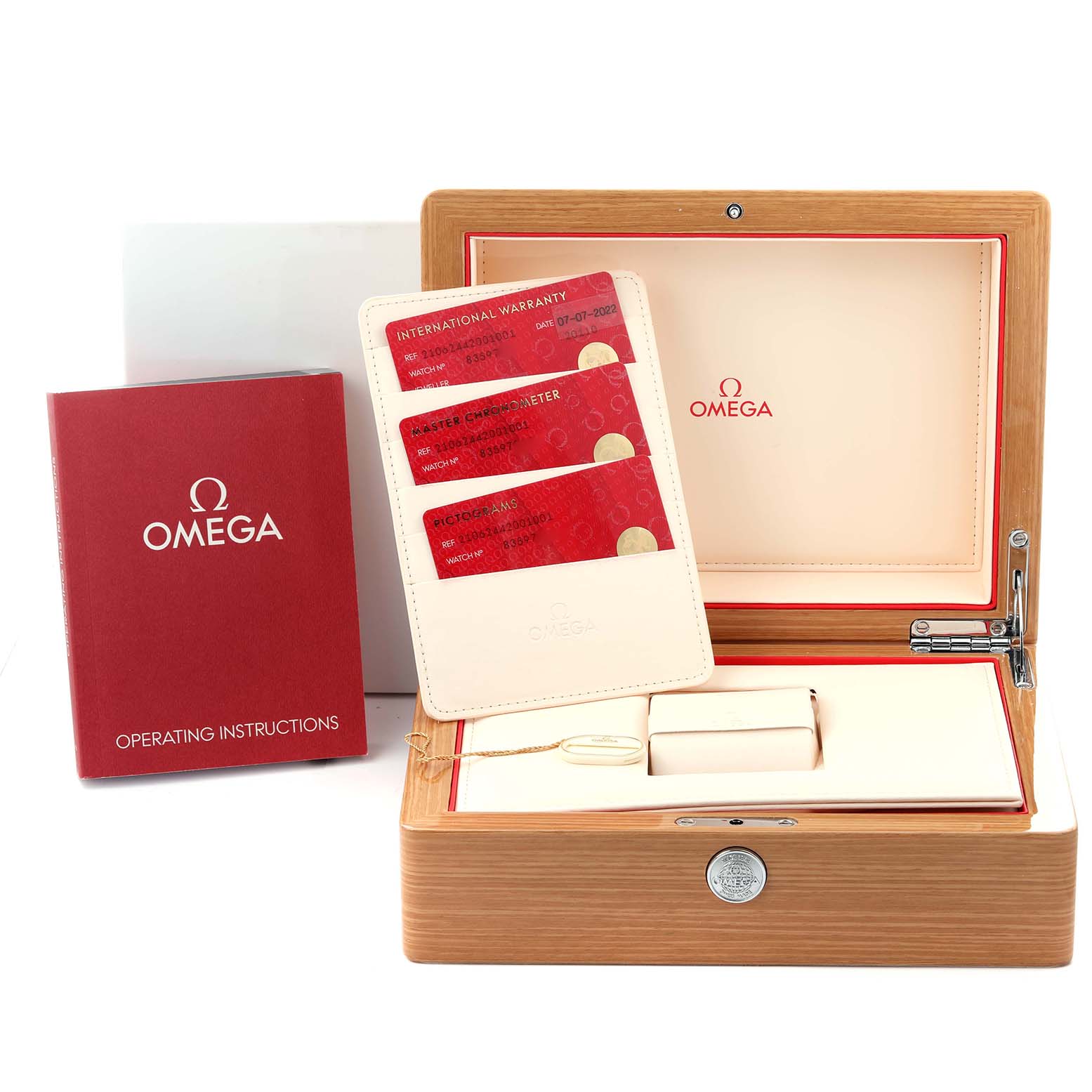 The image shows Omega Seamaster 210.62.44.20.01.001 Men's Ceramic Black Dial 210.62.44.20.01.001 Men's Ceramic Black Dial packaging at an angle, including the box, warranty cards, and operating instructions.