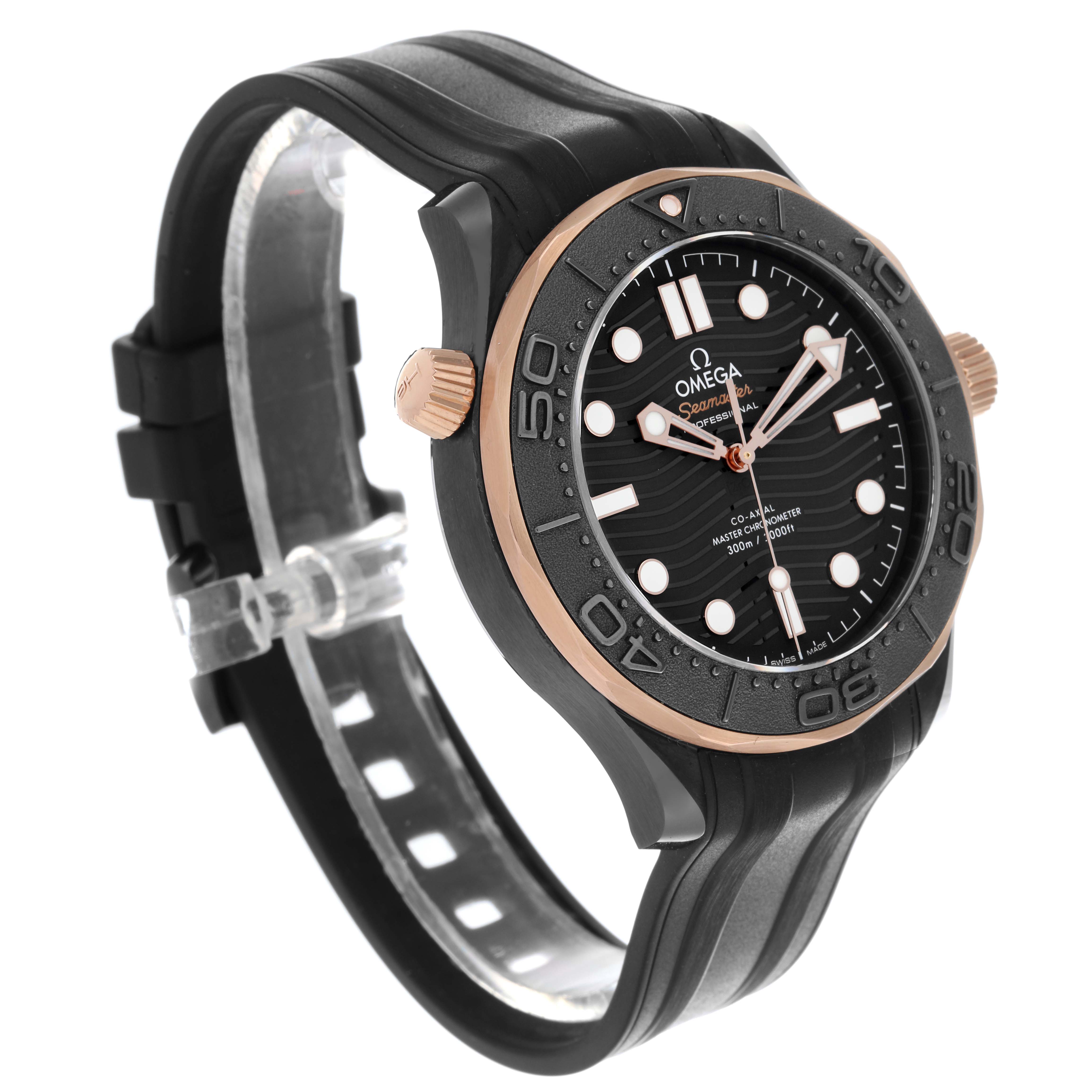 The Omega Seamaster 210.62.44.20.01.001 Men's Ceramic Black Dial 210.62.44.20.01.001 Men's Ceramic Black Dial is shown at an angled side view, highlighting the face, bezel, crown, and black strap.
