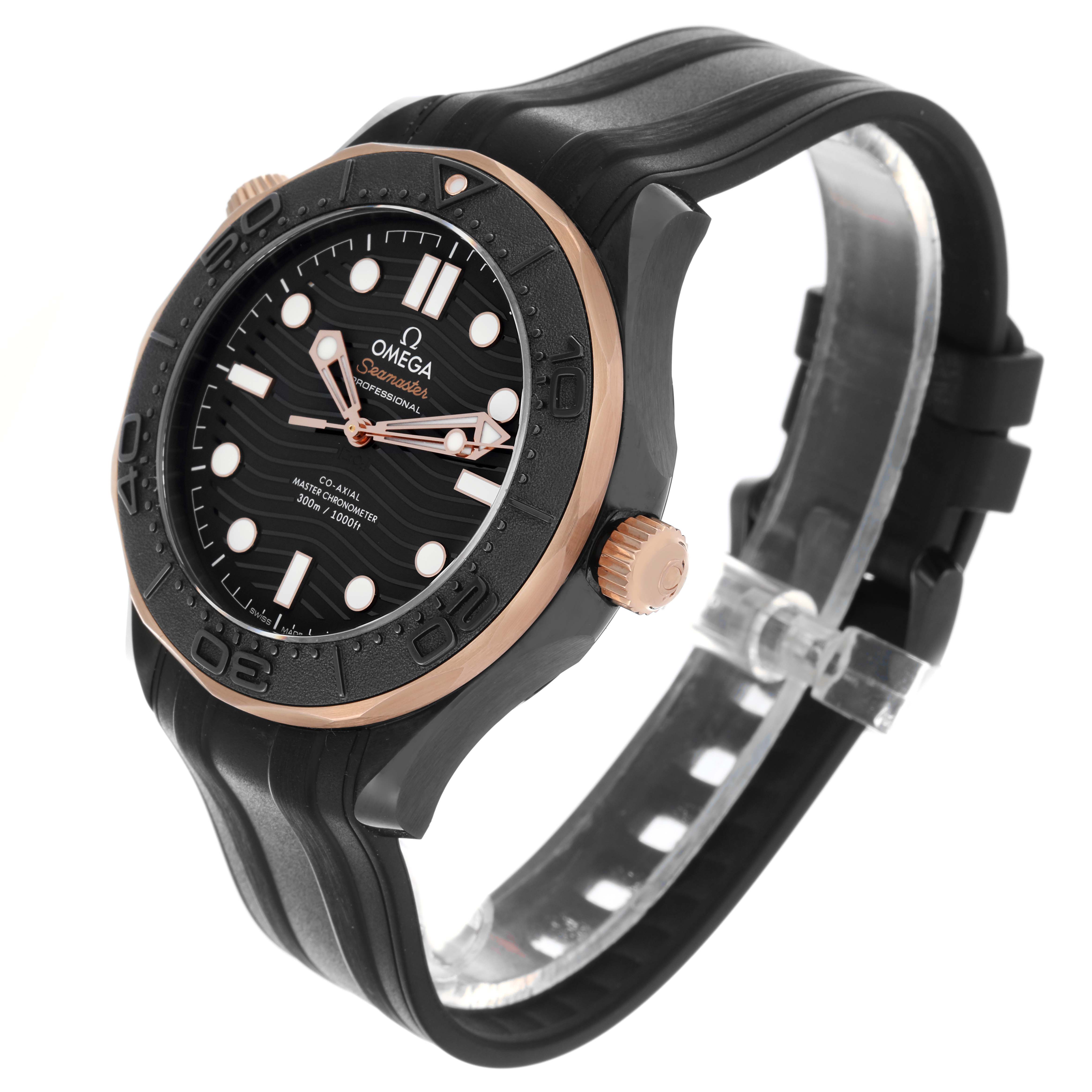 The Omega Seamaster 210.62.44.20.01.001 Men's Ceramic Black Dial 210.62.44.20.01.001 Men's Ceramic Black Dial watch is shown at a three-quarter angle, displaying the face, bezel, crown, and strap.