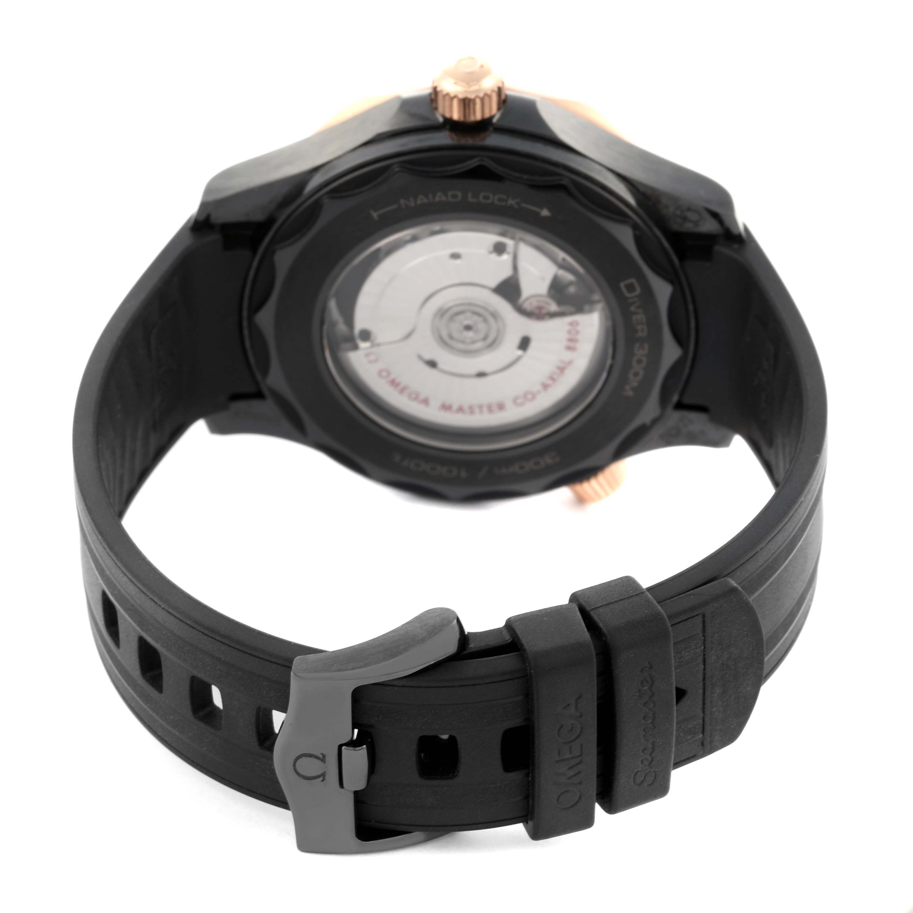 The image shows the back of the Omega Seamaster 210.62.44.20.01.001 Men's Ceramic Black Dial 210.62.44.20.01.001 Men's Ceramic Black Dial watch, highlighting its black rubber strap and visible movement through the transparent case back.