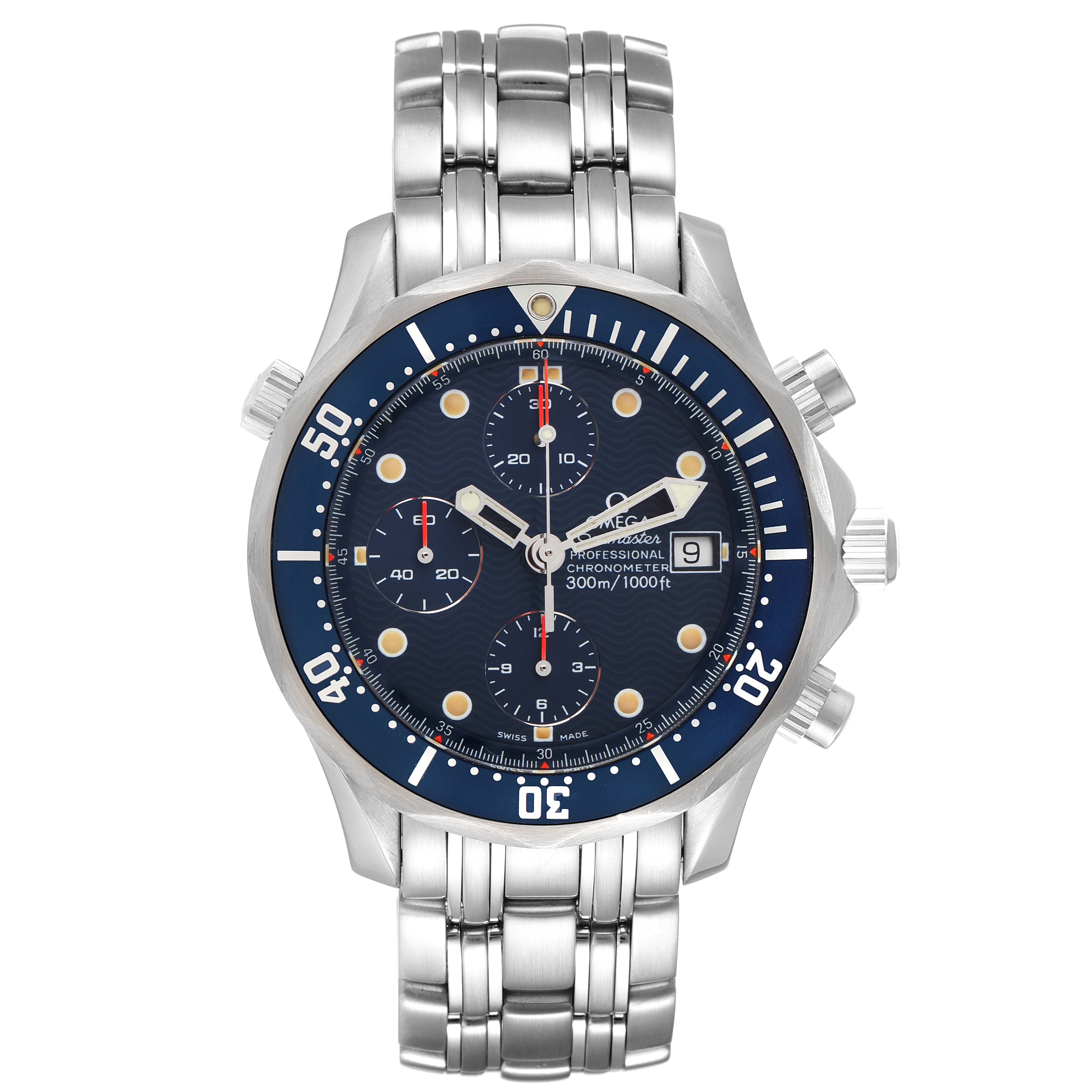 The image shows a frontal view of the Omega Seamaster 2599.80.00 Men's Stainless Steel Blue Dial 2599.80.00 Men's Stainless Steel Blue Dial watch with a stainless steel bracelet and a blue dial.