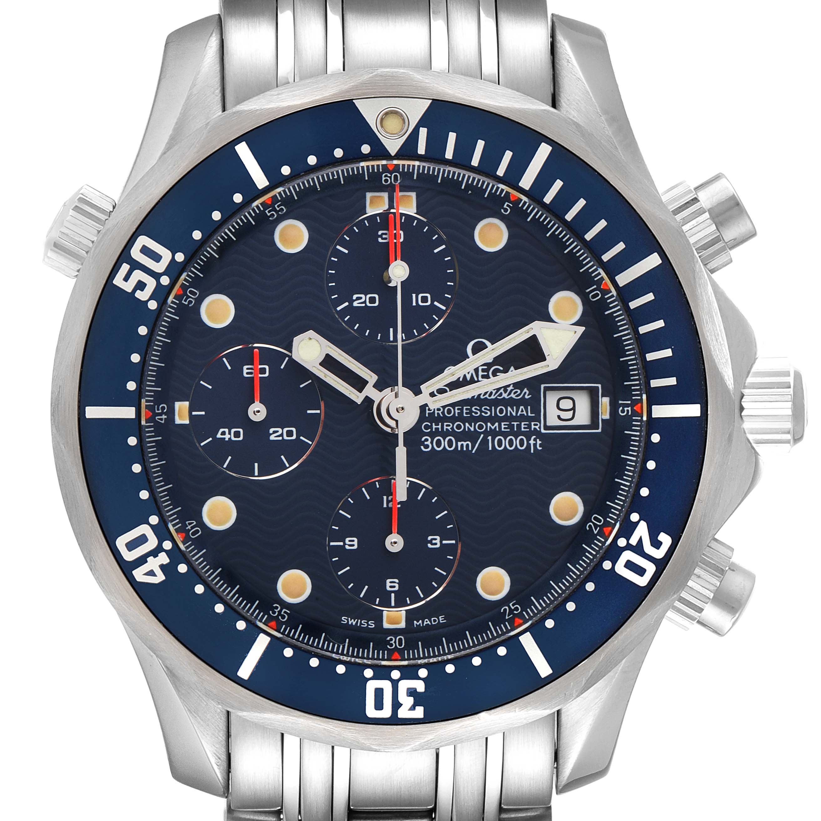 This image shows a close-up front view of the Omega Seamaster 2599.80.00 Men's Stainless Steel Blue Dial 2599.80.00 Men's Stainless Steel Blue Dial watch, highlighting its dial, bezel, and bracelet.