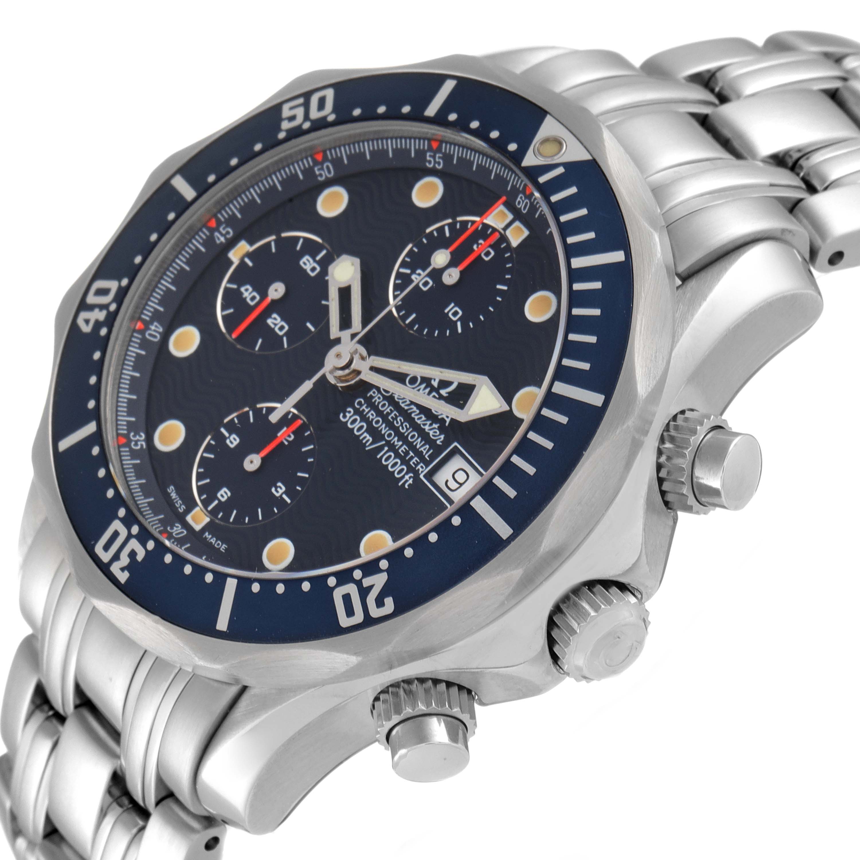The image shows an angled view of an Omega Seamaster 2599.80.00 Men's Stainless Steel Blue Dial 2599.80.00 Men's Stainless Steel Blue Dial watch featuring its dial, bezel, crown, and stainless steel bracelet.