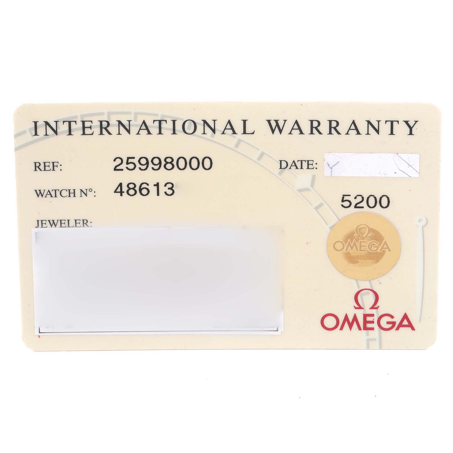 The image shows an Omega Seamaster 2599.80.00 Men's Stainless Steel Blue Dial 2599.80.00 Men's Stainless Steel Blue Dial International Warranty card with reference and watch numbers.