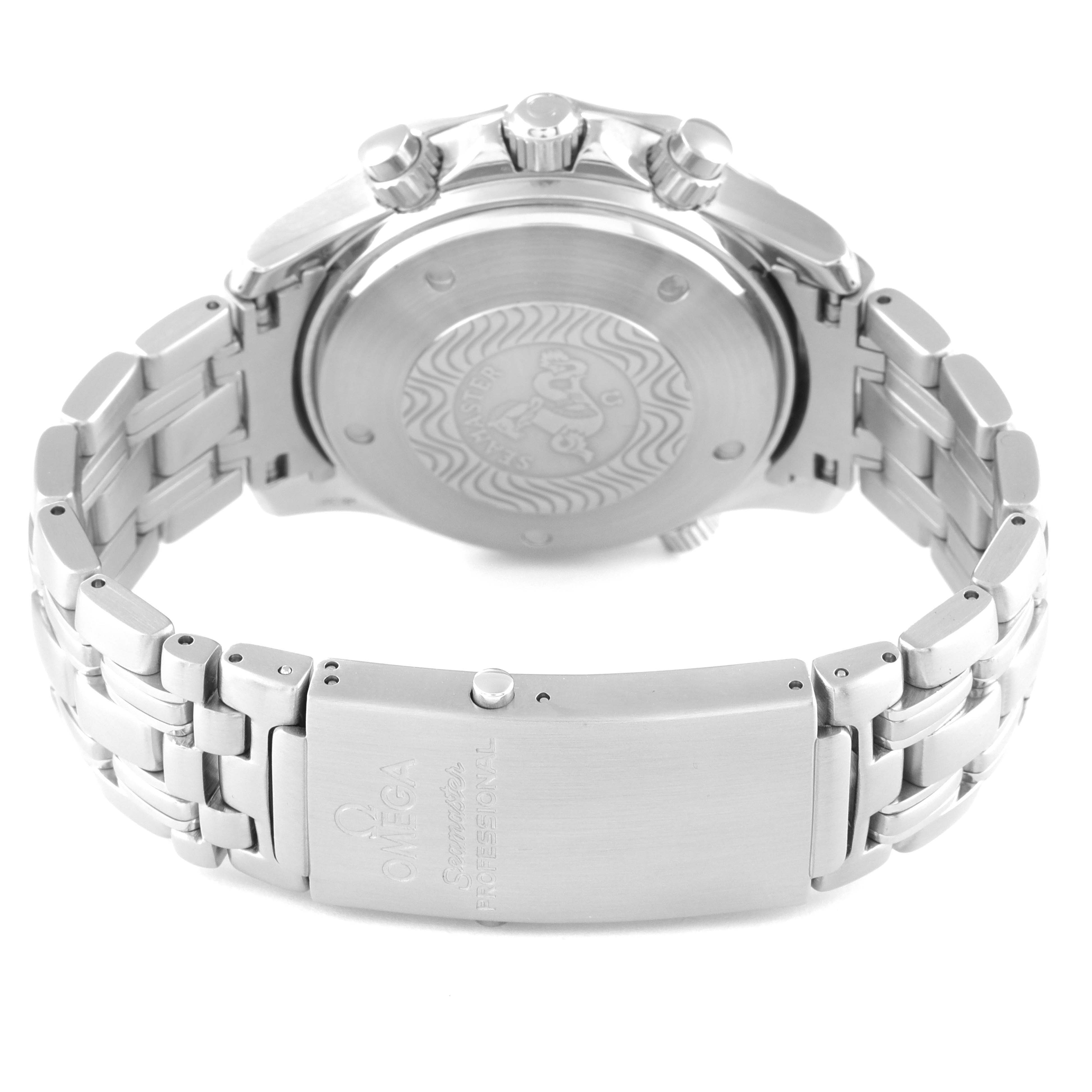 The image shows the back view of an Omega Seamaster 2599.80.00 Men's Stainless Steel Blue Dial 2599.80.00 Men's Stainless Steel Blue Dial watch, featuring the case back, bracelet, and clasp.