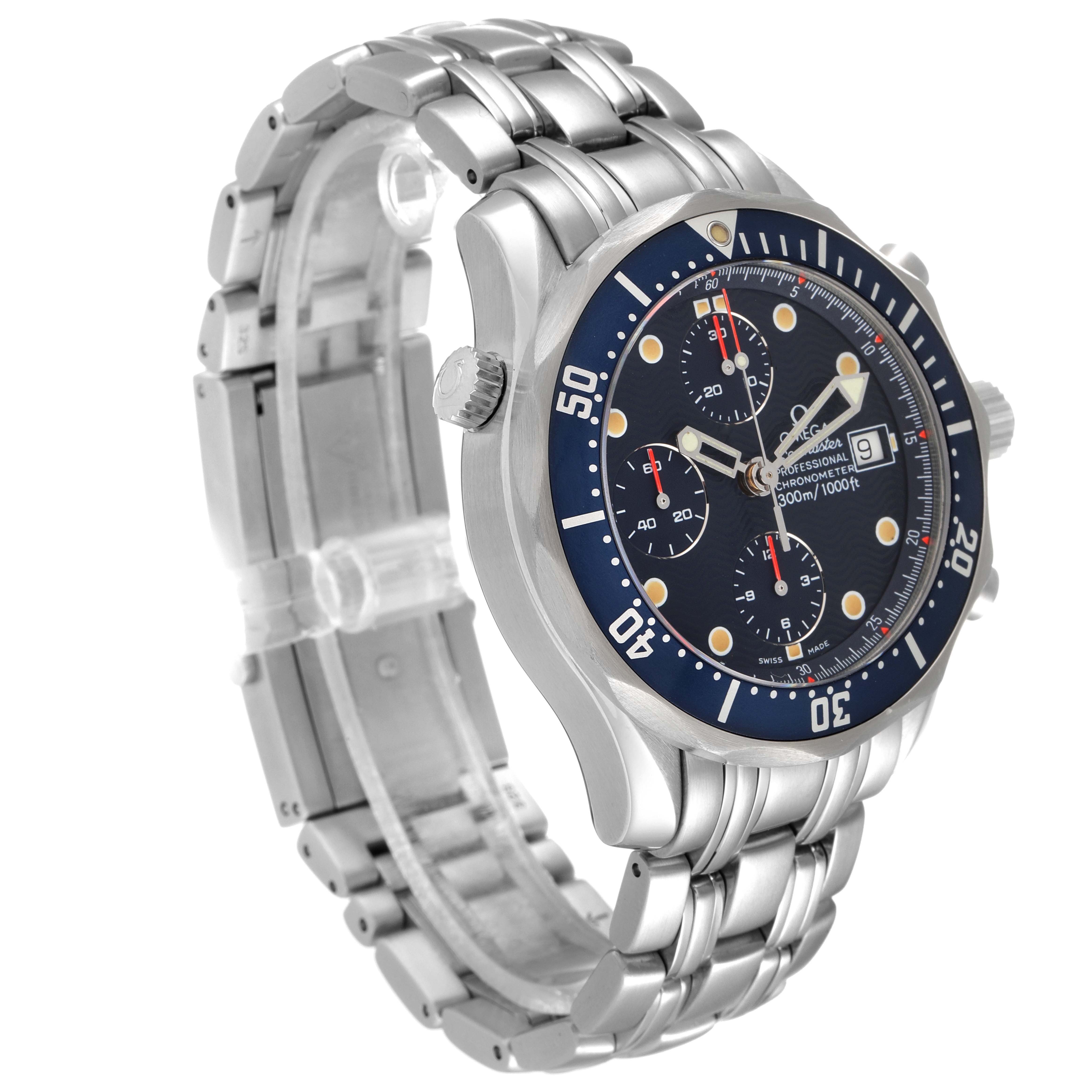The image shows an angled side view of an Omega Seamaster 2599.80.00 Men's Stainless Steel Blue Dial 2599.80.00 Men's Stainless Steel Blue Dial watch, revealing its bracelet, bezel, and dial.