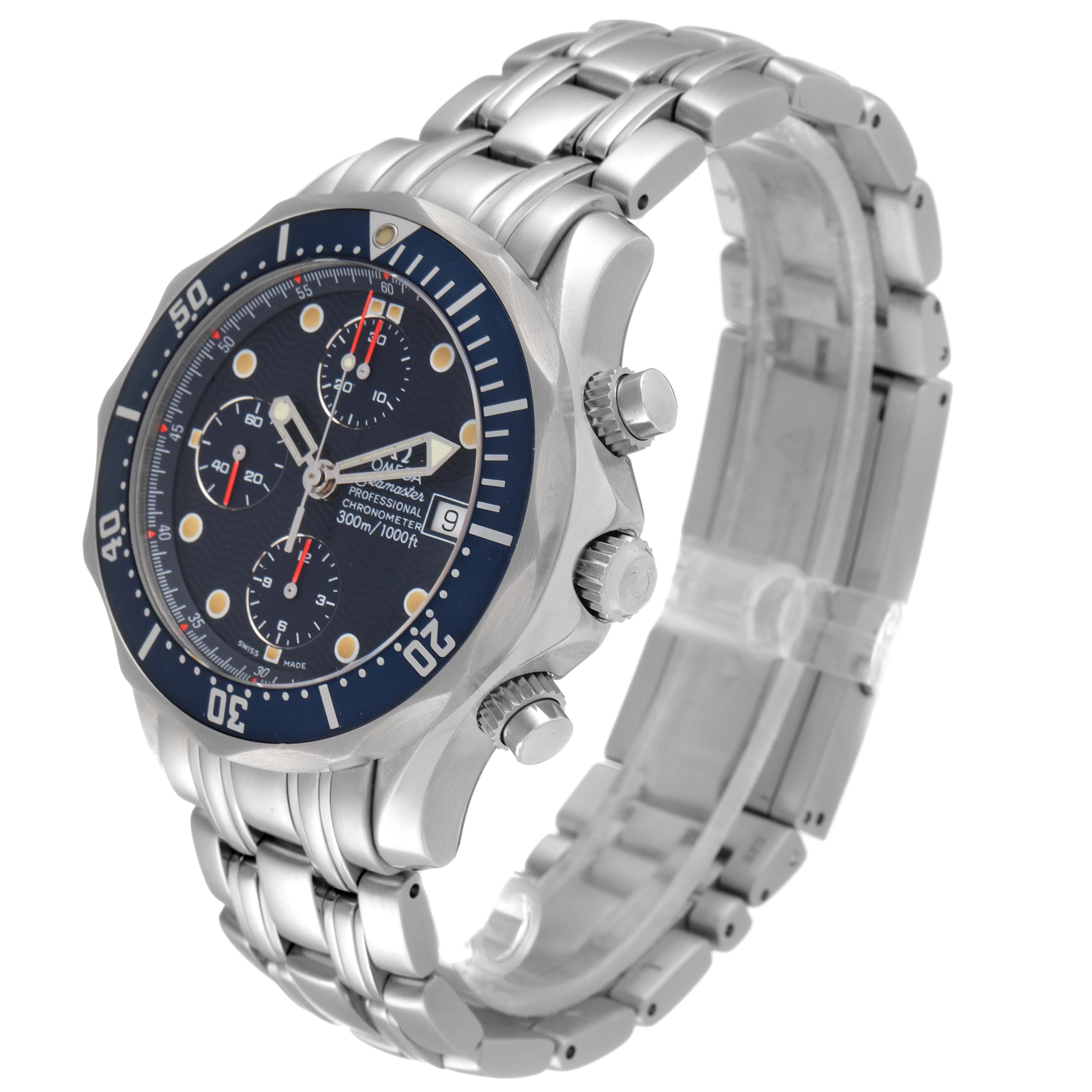 The Omega Seamaster 2599.80.00 Men's Stainless Steel Blue Dial 2599.80.00 Men's Stainless Steel Blue Dial watch is shown at a three-quarter angle, highlighting its face, bezel, crown, and metal bracelet.