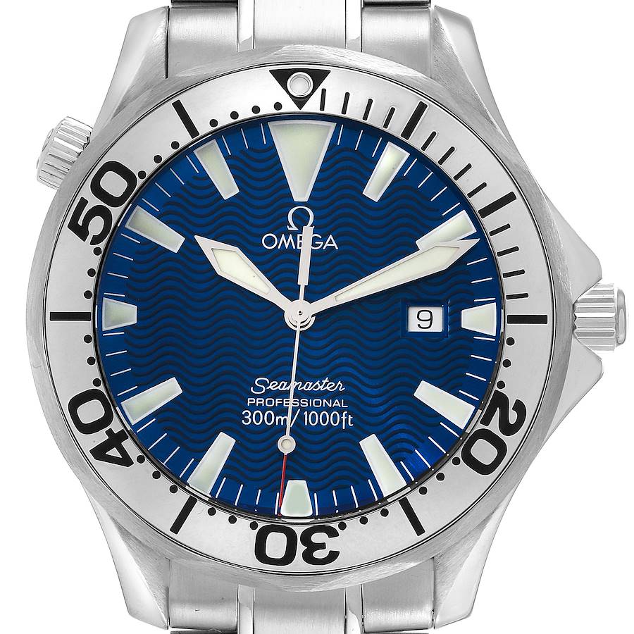 This image shows a frontal view of the Omega Seamaster watch, highlighting its blue dial, date window, and stainless steel bezel.