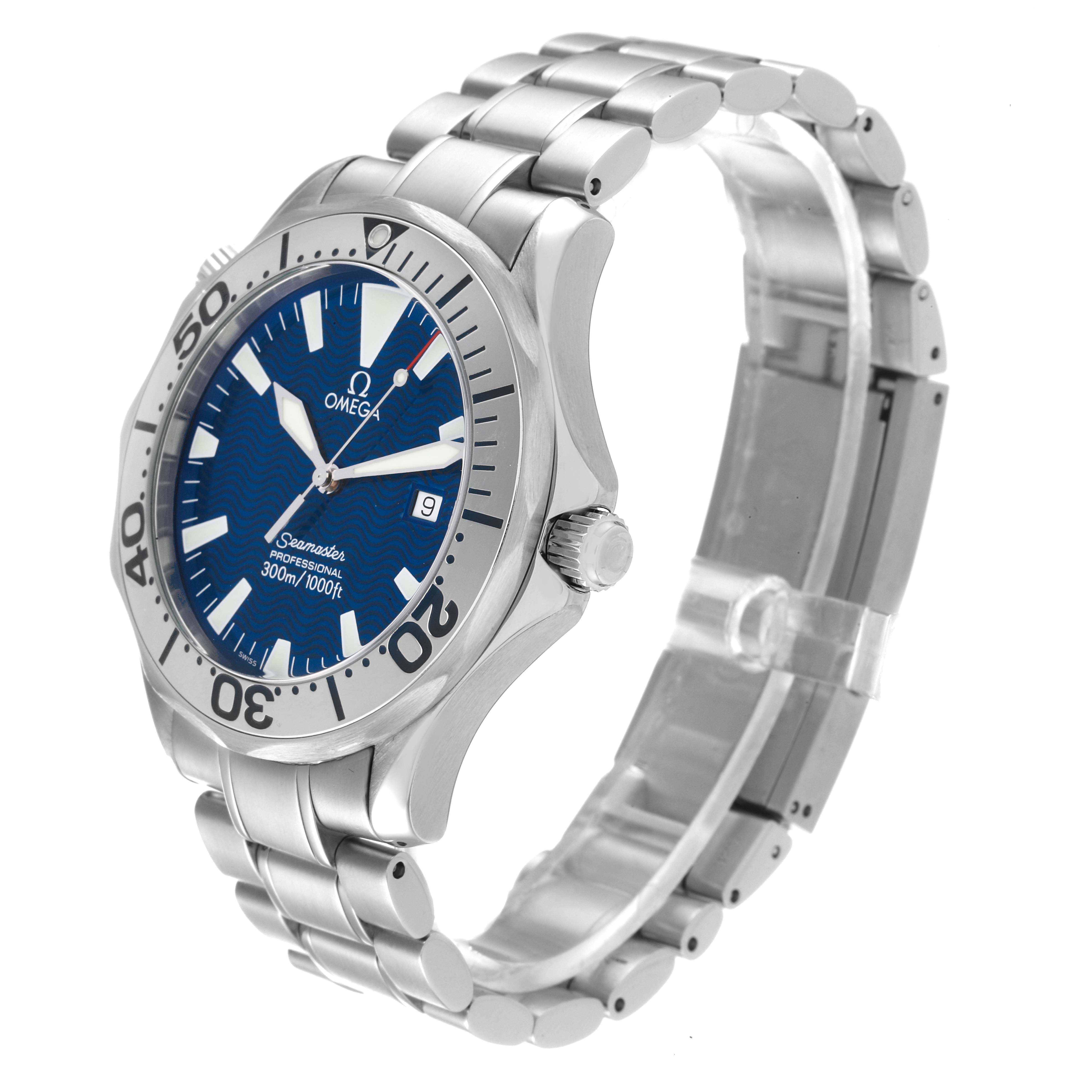 This image shows an Omega Seamaster 2265.80.00 Men's Stainless Steel Blue Dial 2265.80.00 Men's Stainless Steel Blue Dial watch in a three-quarter view, highlighting the dial, bezel, and stainless steel bracelet.