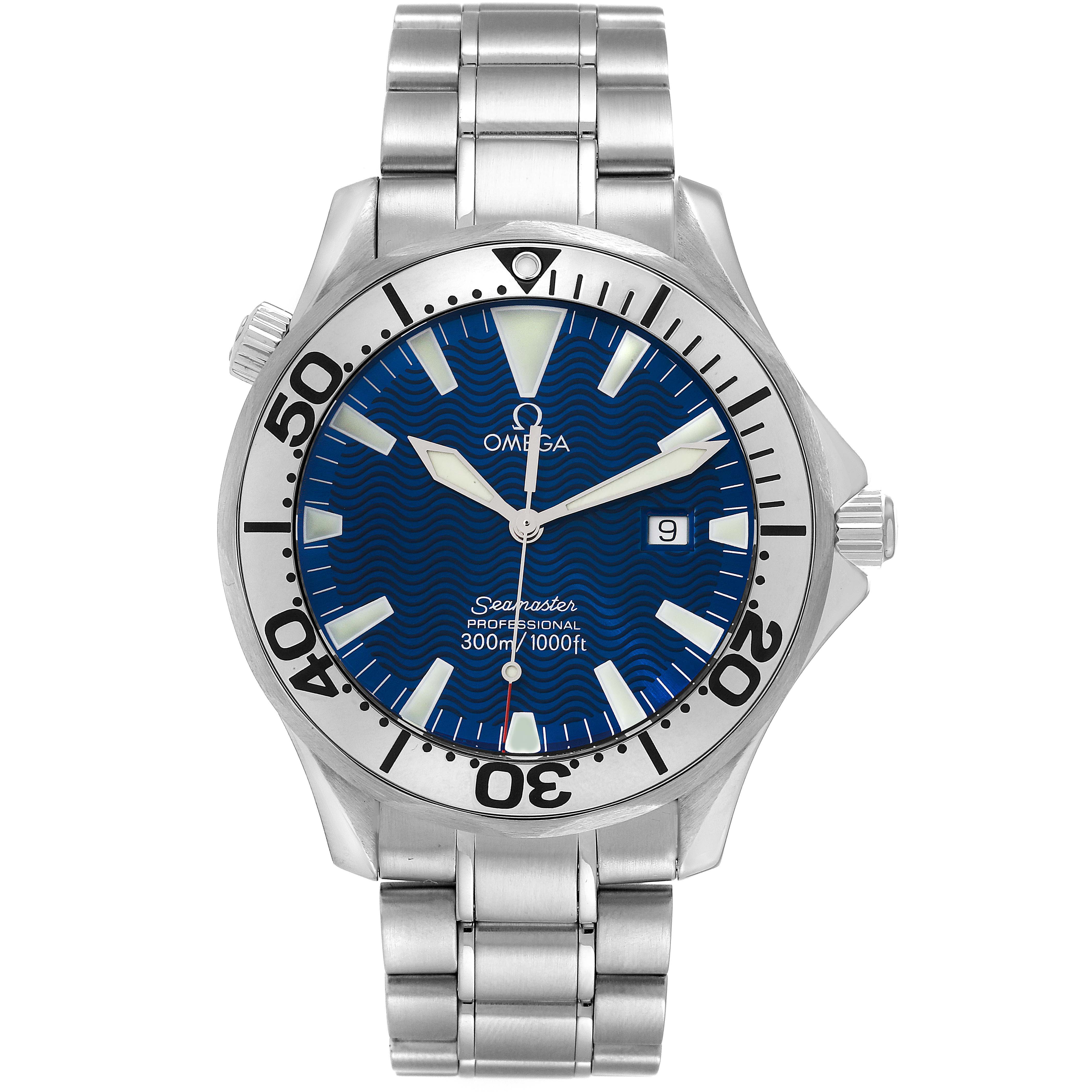 The Omega Seamaster 2265.80.00 Men's Stainless Steel Blue Dial 2265.80.00 Men's Stainless Steel Blue Dial watch is shown from a front angle, displaying the dial, bezel, bracelet, and crown.