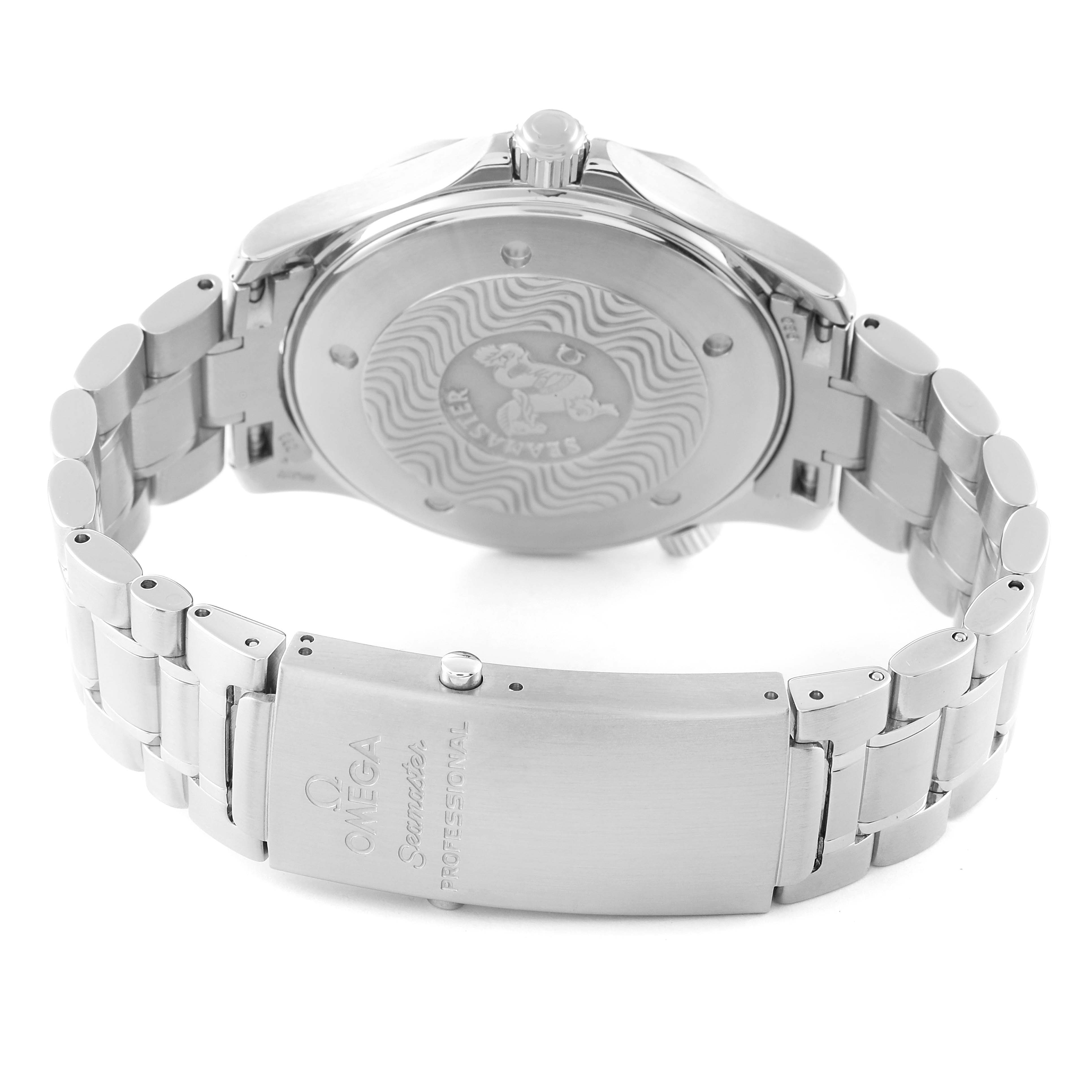 The image shows the back case and clasp of an Omega Seamaster 2265.80.00 Men's Stainless Steel Blue Dial 2265.80.00 Men's Stainless Steel Blue Dial watch viewed from the rear angle.