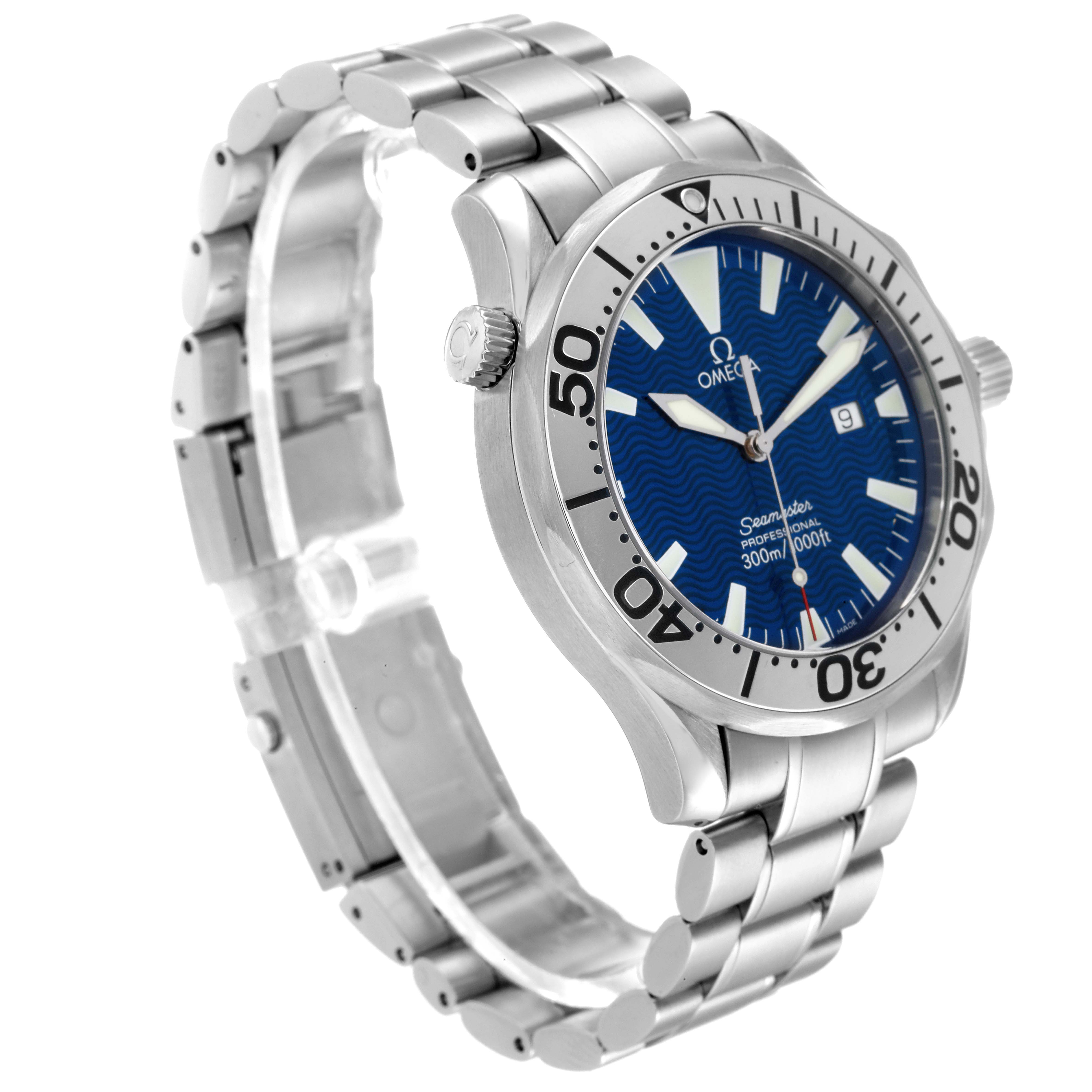 The image shows an angled view of the Omega Seamaster 2265.80.00 Men's Stainless Steel Blue Dial 2265.80.00 Men's Stainless Steel Blue Dial watch, highlighting the dial, bezel, crown, and part of the metal bracelet.