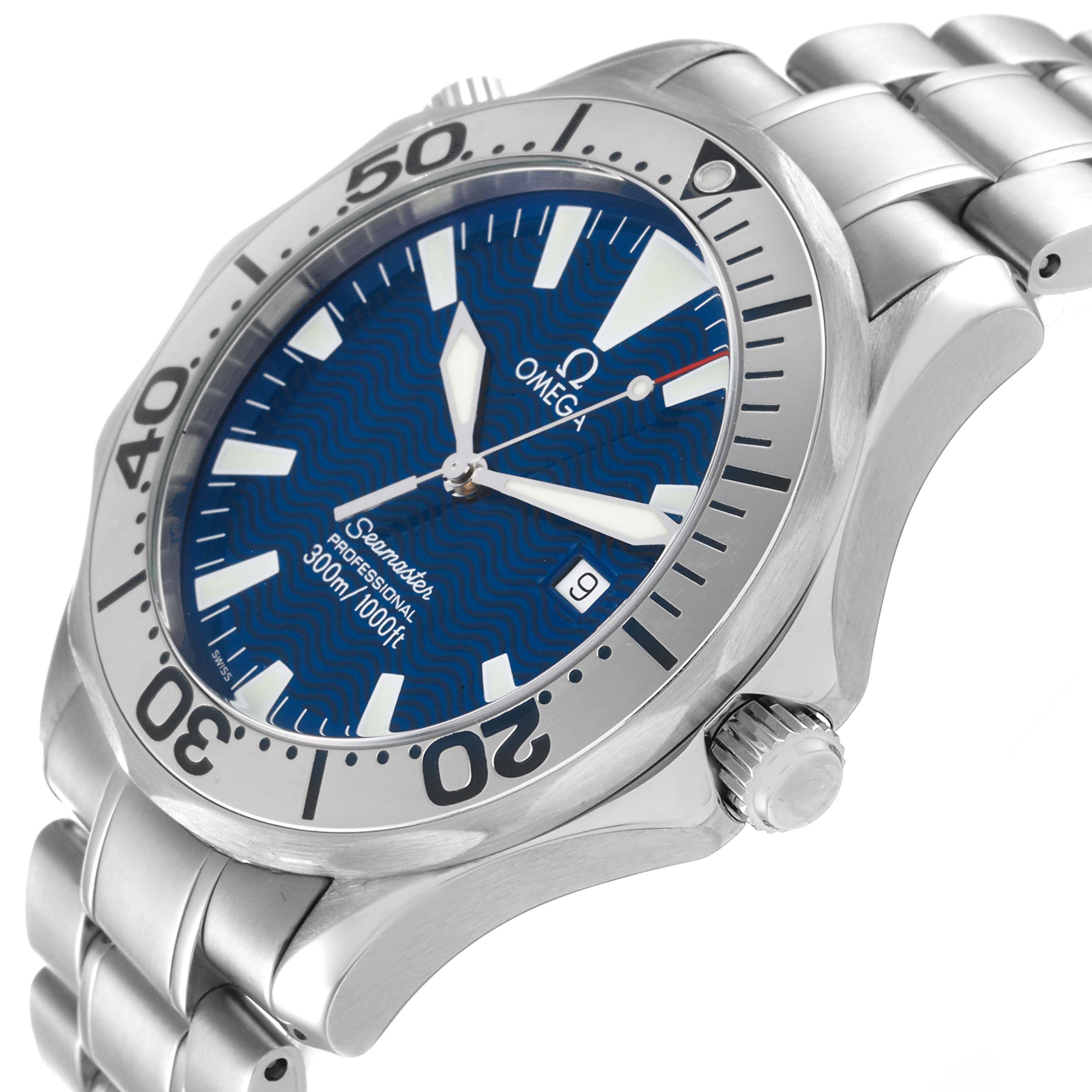 The image shows an angled view of the Omega Seamaster 2265.80.00 Men's Stainless Steel Blue Dial 2265.80.00 Men's Stainless Steel Blue Dial watch, highlighting the bezel, dial, crown, and stainless-steel bracelet.