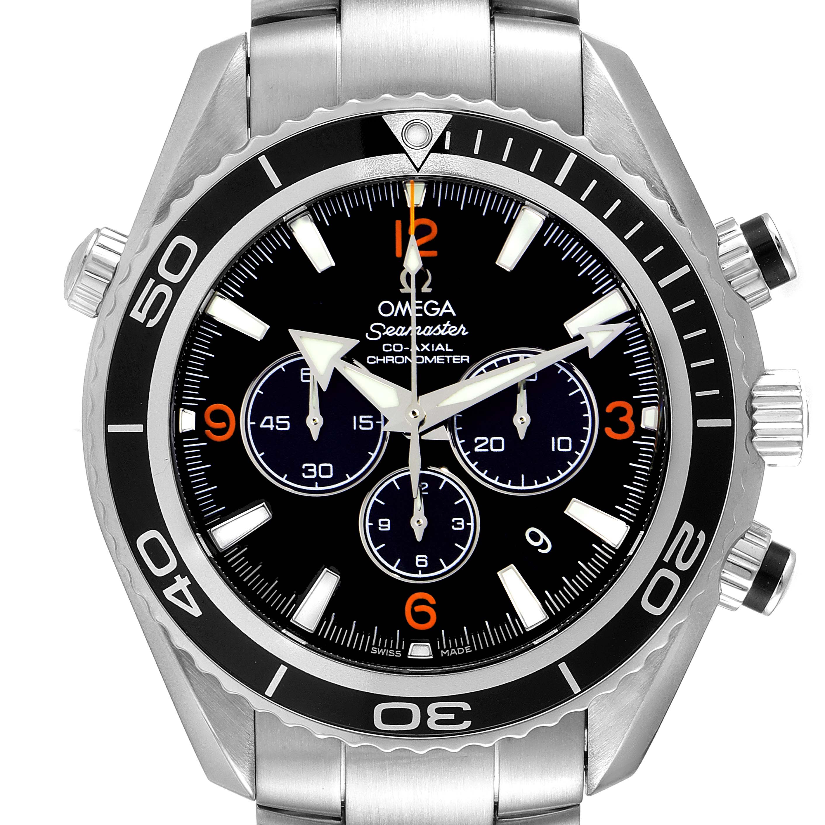 The image shows a front view of the Omega Planet Ocean 2210.51.00 Men's Stainless Steel Black Dial 2210.51.00 Men's Stainless Steel Black Dial Seamaster watch, highlighting its black dial, bezel, and chronograph features.