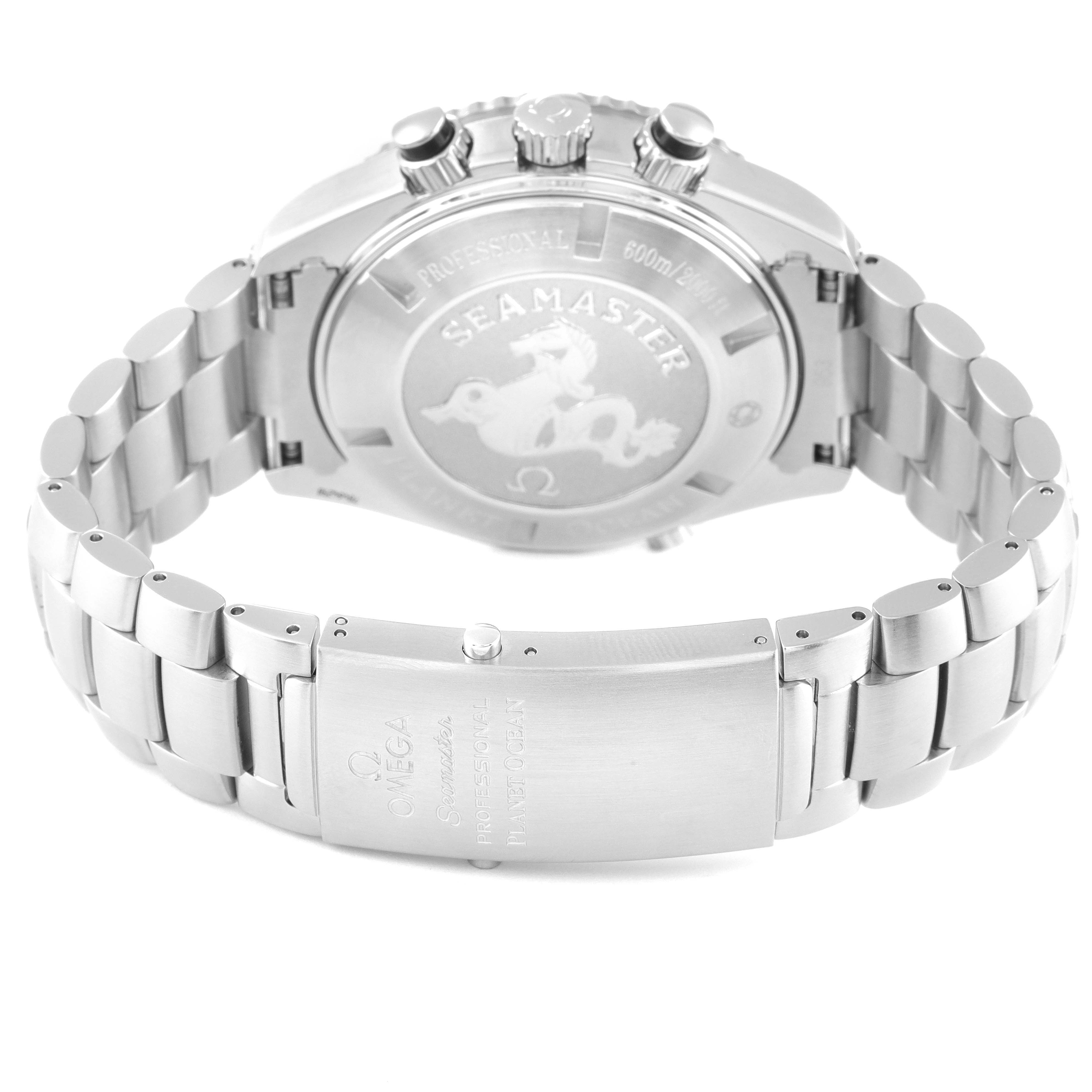 The image shows the back and clasp of the Omega Planet Ocean 2210.51.00 Men's Stainless Steel Black Dial 2210.51.00 Men's Stainless Steel Black Dial watch with its stainless steel bracelet visible.