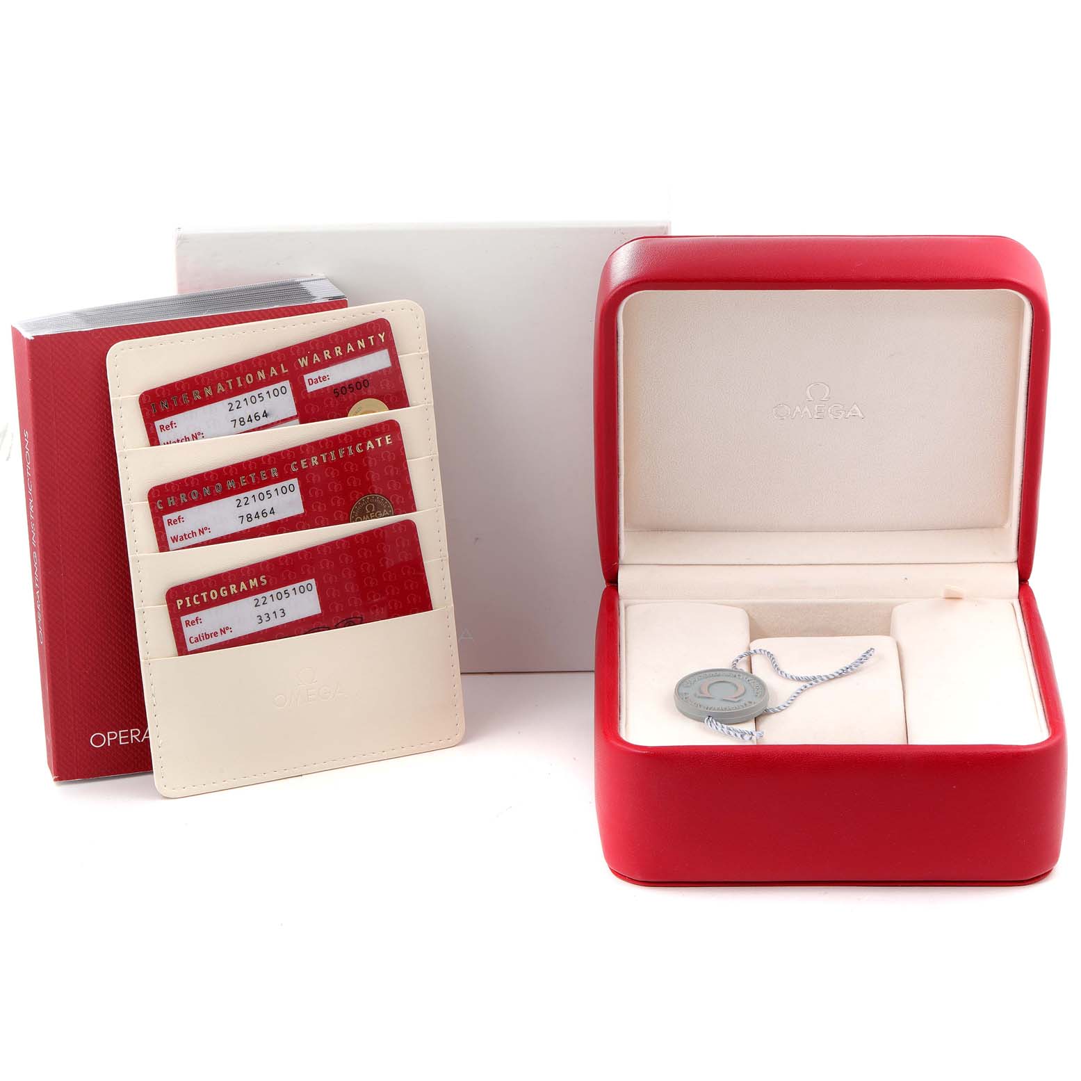 The image shows the packaging, warranty cards, and box of an Omega Planet Ocean 2210.51.00 Men's Stainless Steel Black Dial 2210.51.00 Men's Stainless Steel Black Dial watch.