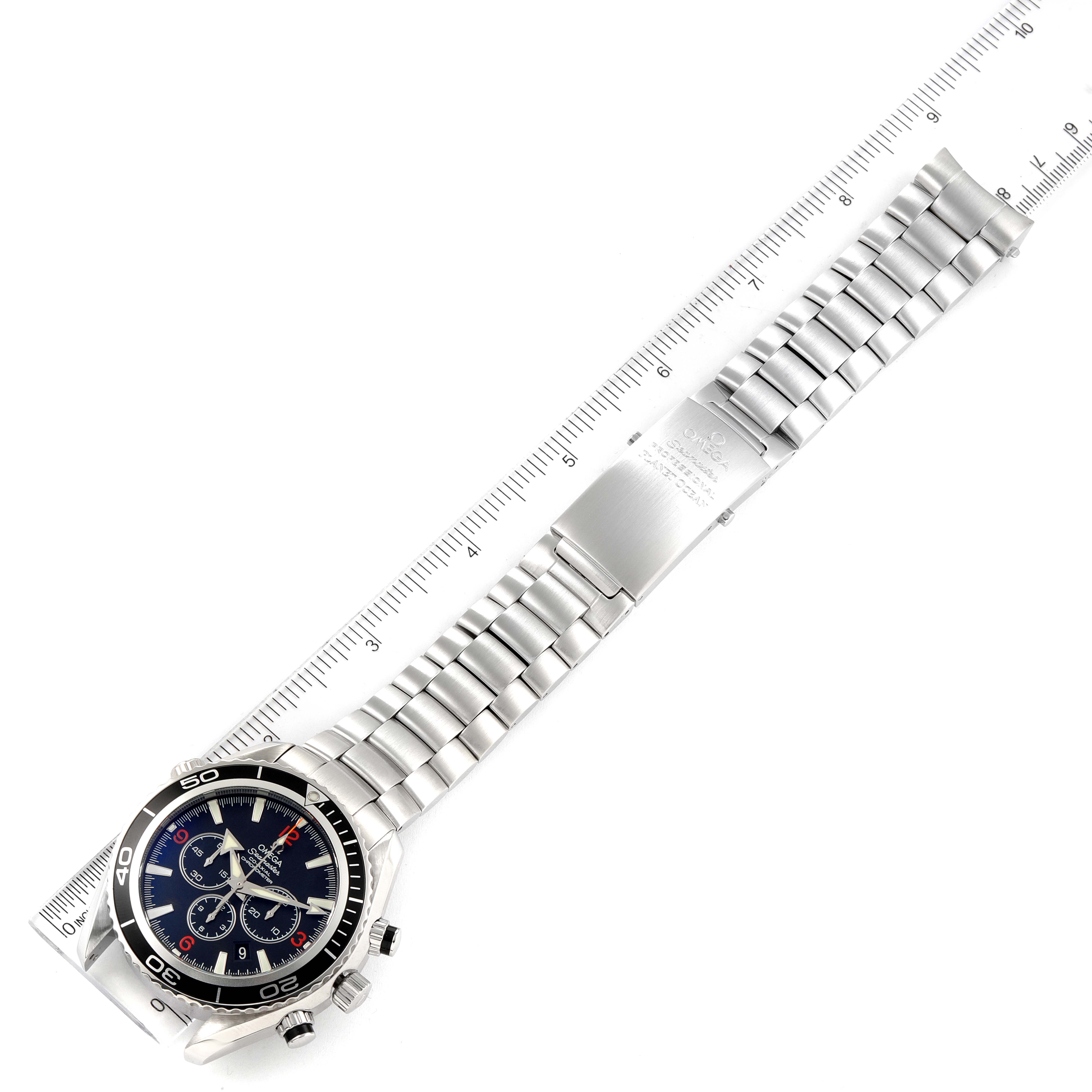 The Omega Planet Ocean 2210.51.00 Men's Stainless Steel Black Dial 2210.51.00 Men's Stainless Steel Black Dial watch is shown from above, displaying its face, bezel, and full metal bracelet with clasp.