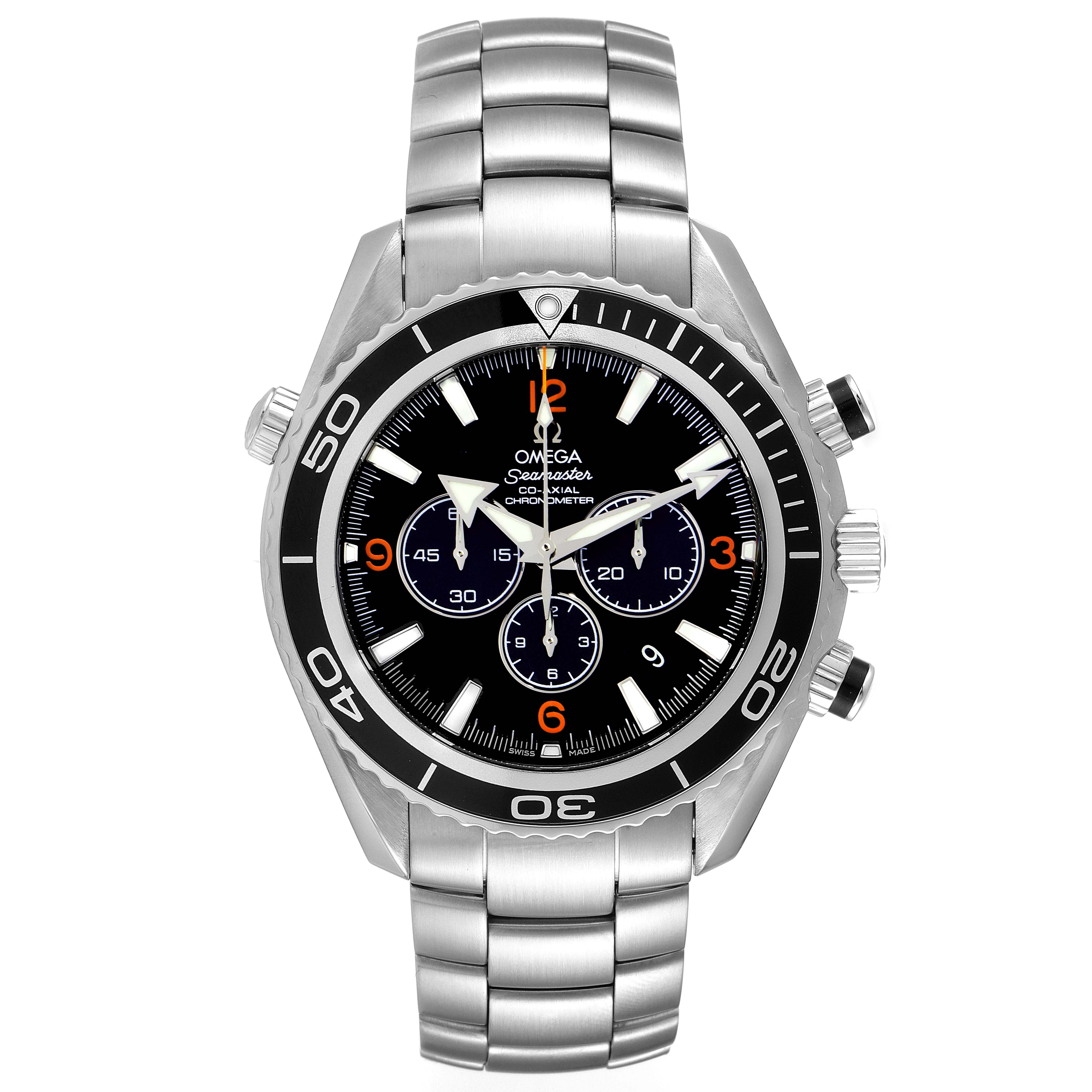 The image shows a frontal view of the Omega Planet Ocean 2210.51.00 Men's Stainless Steel Black Dial 2210.51.00 Men's Stainless Steel Black Dial watch featuring a stainless steel bracelet, bezel, and chronograph dials.