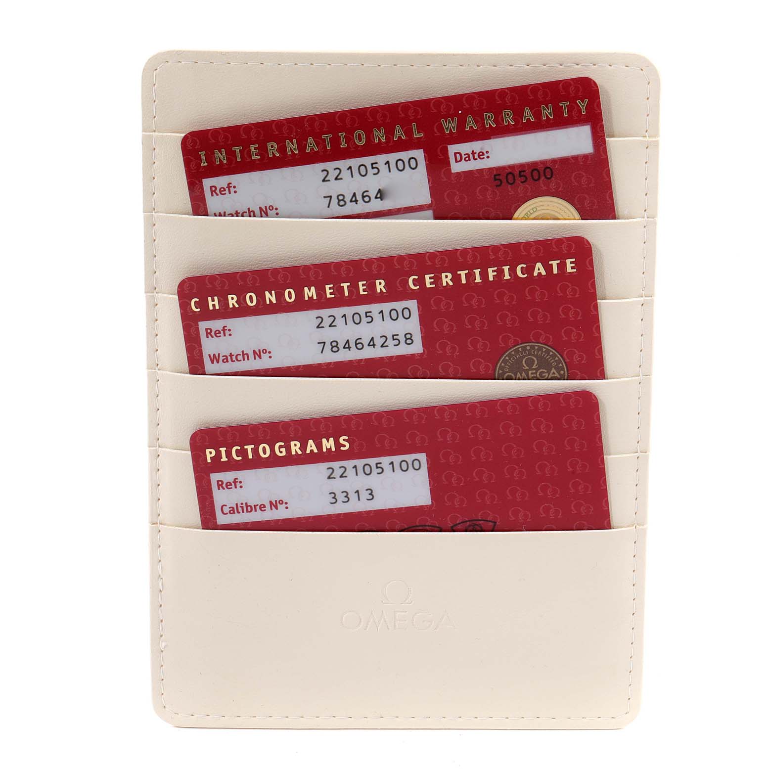 The image shows the warranty, chronometer certificate, and pictogram cards for the Omega Planet Ocean 2210.51.00 Men's Stainless Steel Black Dial 2210.51.00 Men's Stainless Steel Black Dial model.