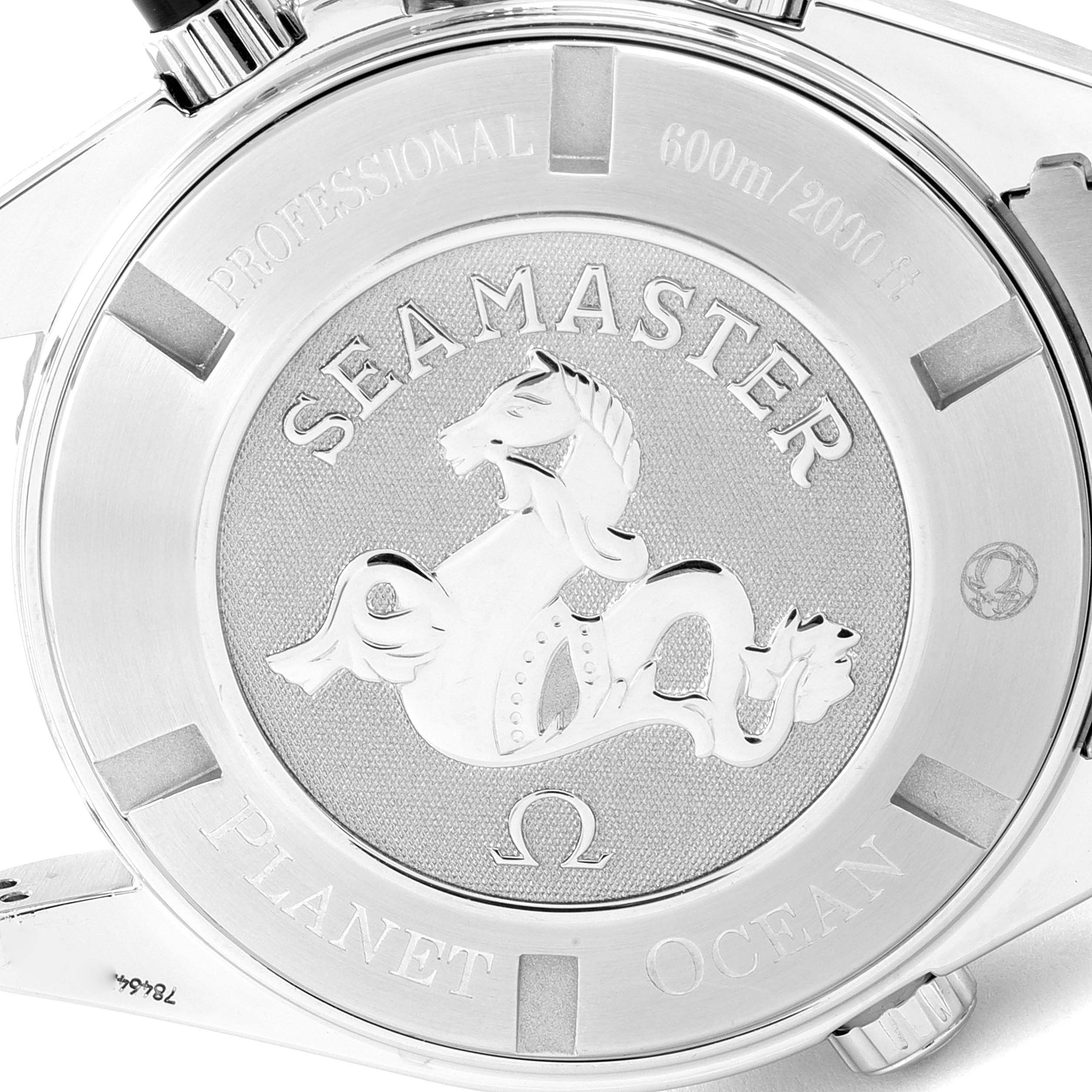 The image shows the case back of the Omega Planet Ocean 2210.51.00 Men's Stainless Steel Black Dial 2210.51.00 Men's Stainless Steel Black Dial watch, featuring the Seamaster emblem and water resistance details.