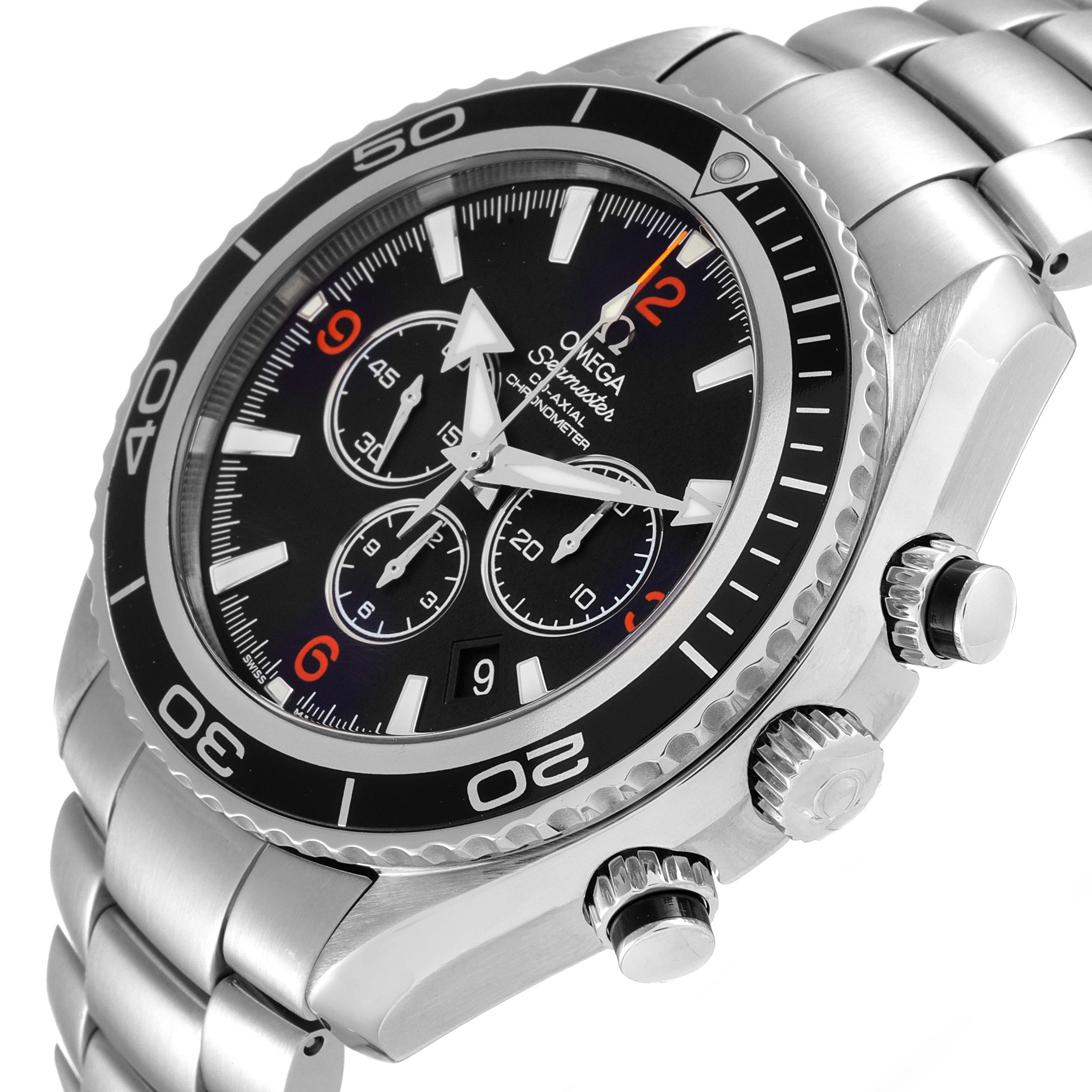 The Omega Planet Ocean 2210.51.00 Men's Stainless Steel Black Dial 2210.51.00 Men's Stainless Steel Black Dial watch is shown at a three-quarter angle, highlighting the bezel, crown, chronograph pushers, and bracelet.