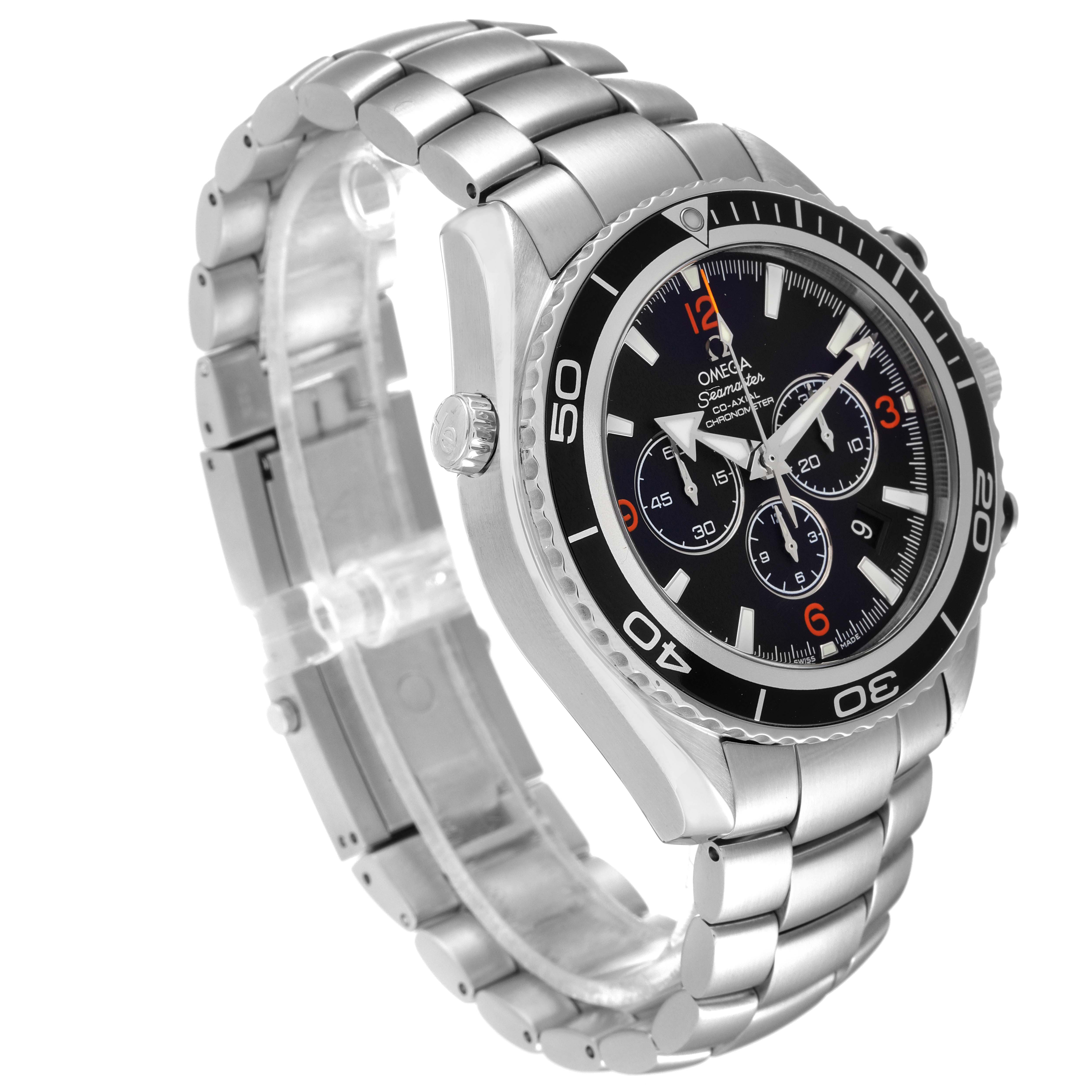 The Omega Planet Ocean 2210.51.00 Men's Stainless Steel Black Dial 2210.51.00 Men's Stainless Steel Black Dial watch is shown at a slightly angled side view, highlighting the face, bezel, and metal bracelet.