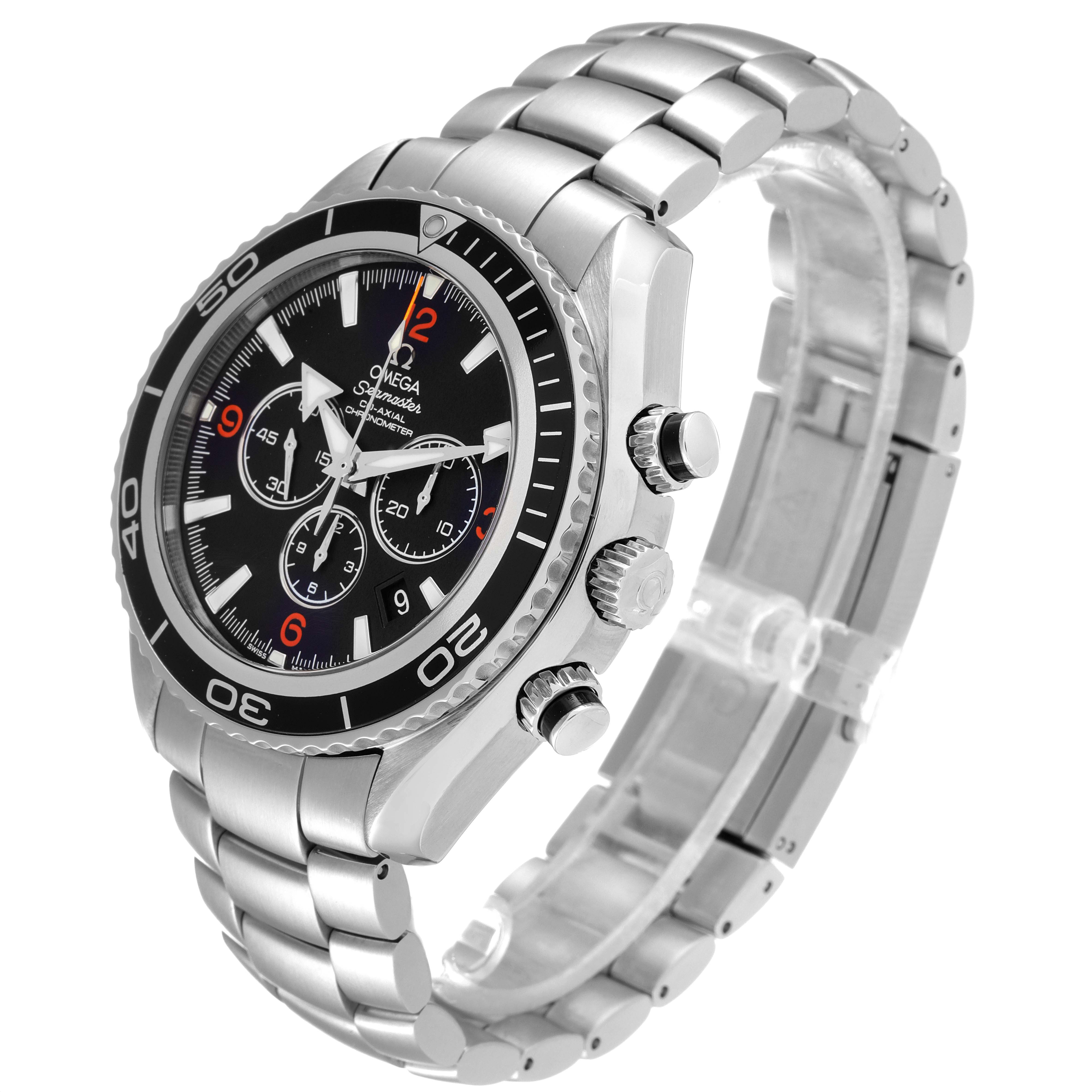 The image shows an angled view of the Omega Planet Ocean 2210.51.00 Men's Stainless Steel Black Dial 2210.51.00 Men's Stainless Steel Black Dial watch, showcasing the dial, bezel, crown, and bracelet.