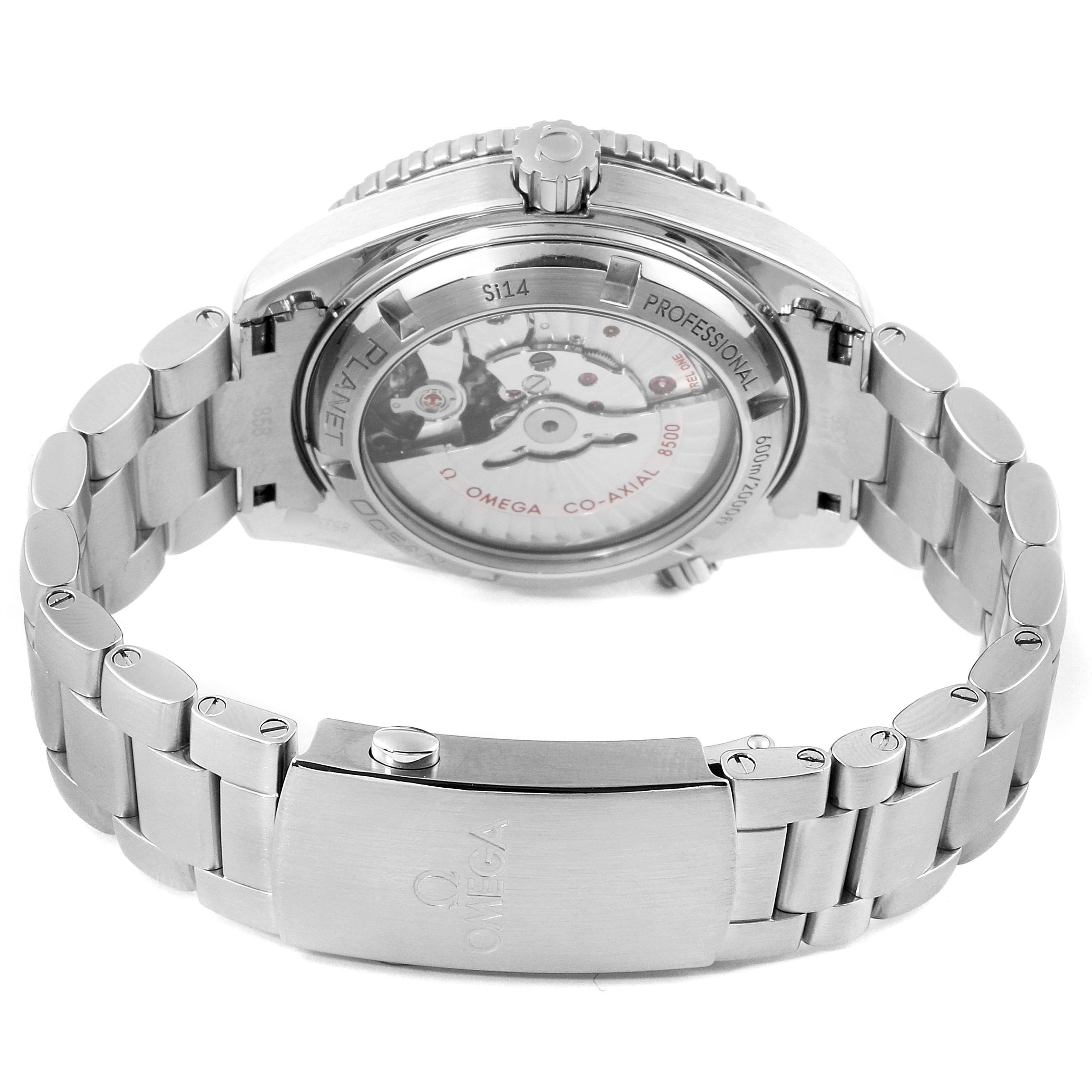 The image shows the back side of the Omega Planet Ocean 232.30.42.21.01.001 Men
s Stainless Steel Black Dial 232.30.42.21.01.001 Men
s Stainless Steel Black Dial watch, highlighting the bracelet and the transparent case back with visible movement.