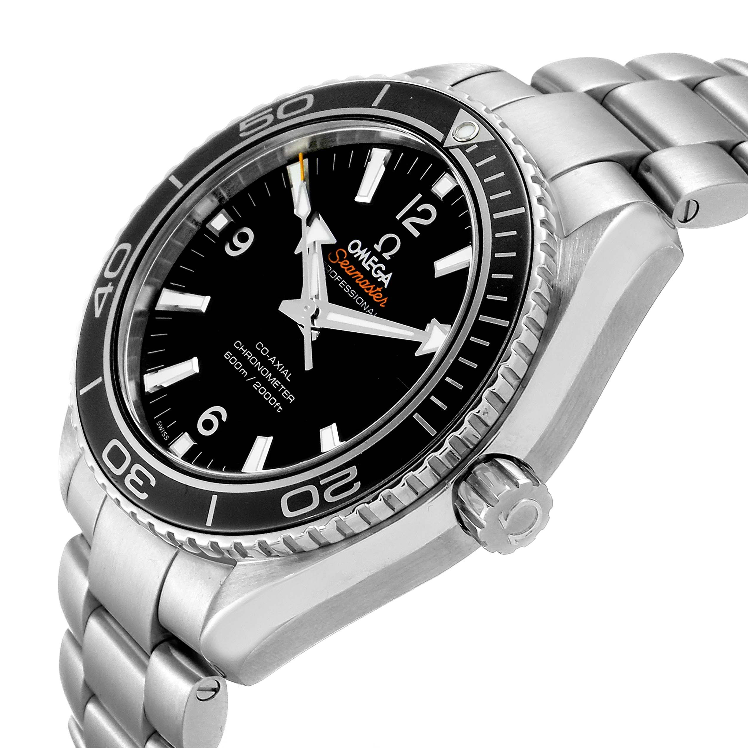 The image shows the Omega Planet Ocean 232.30.42.21.01.001 Men
s Stainless Steel Black Dial 232.30.42.21.01.001 Men
s Stainless Steel Black Dial watch at an angle highlighting its face, bezel, crown, and bracelet.
