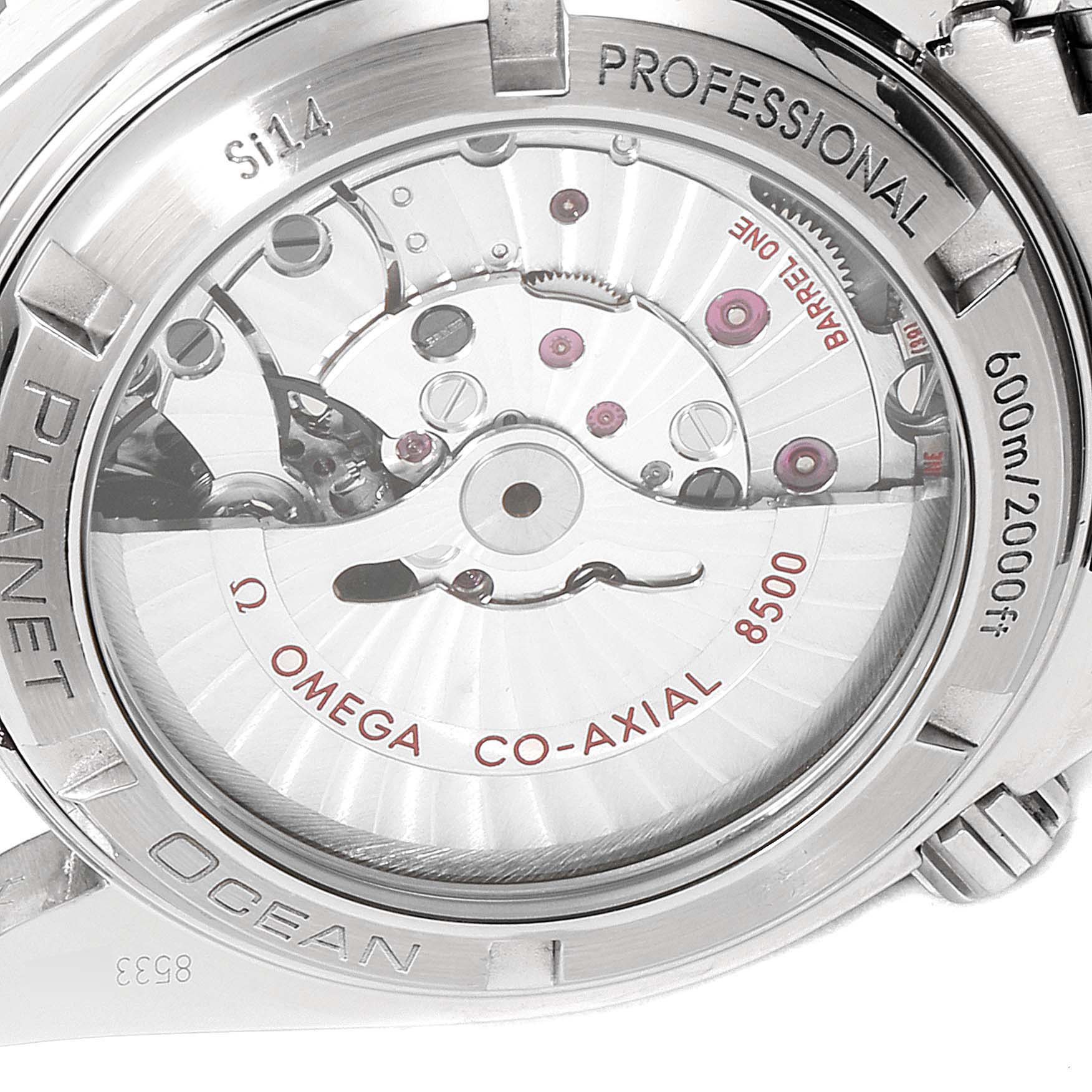 The image shows the case back of the Omega Planet Ocean 232.30.42.21.01.001 Men
s Stainless Steel Black Dial 232.30.42.21.01.001 Men
s Stainless Steel Black Dial watch, revealing the Omega Co-Axial 8500 movement.