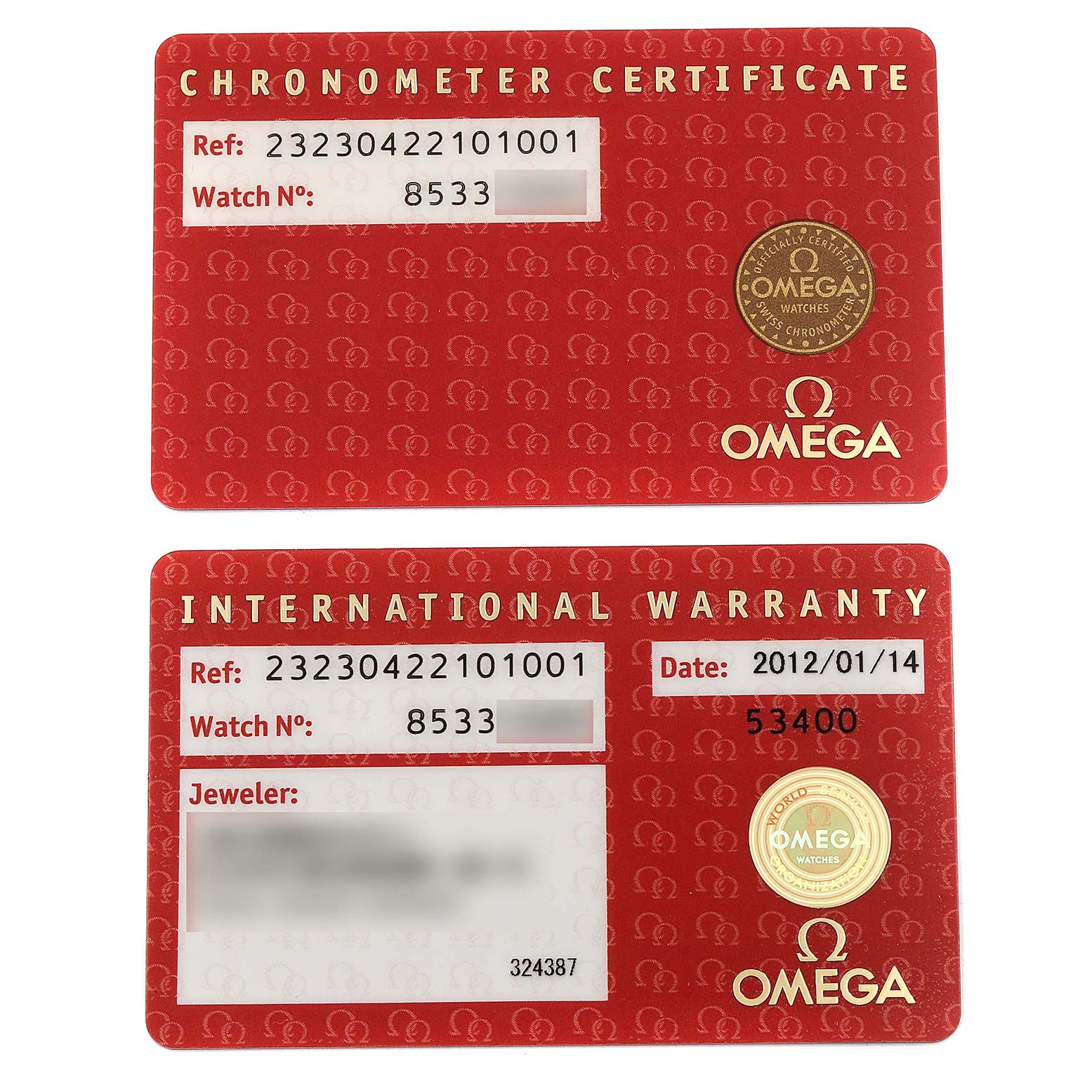 The image shows the Chronometer Certificate and International Warranty cards for the Omega Planet Ocean 232.30.42.21.01.001 Men
s Stainless Steel Black Dial 232.30.42.21.01.001 Men
s Stainless Steel Black Dial model.