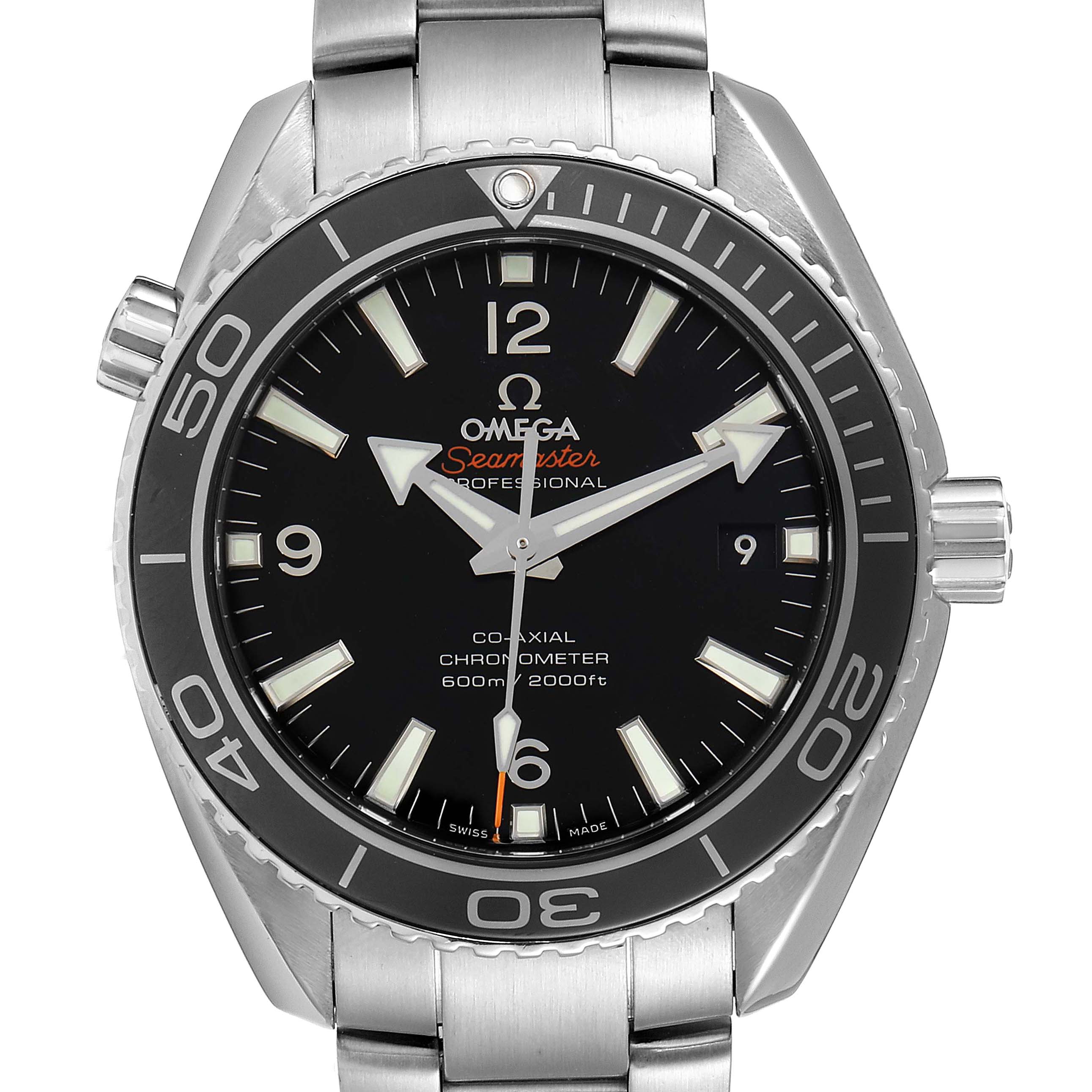 This image shows a frontal view of the Omega Planet Ocean 232.30.42.21.01.001 Men
s Stainless Steel Black Dial 232.30.42.21.01.001 Men
s Stainless Steel Black Dial watch, including its face, bezel, and bracelet.