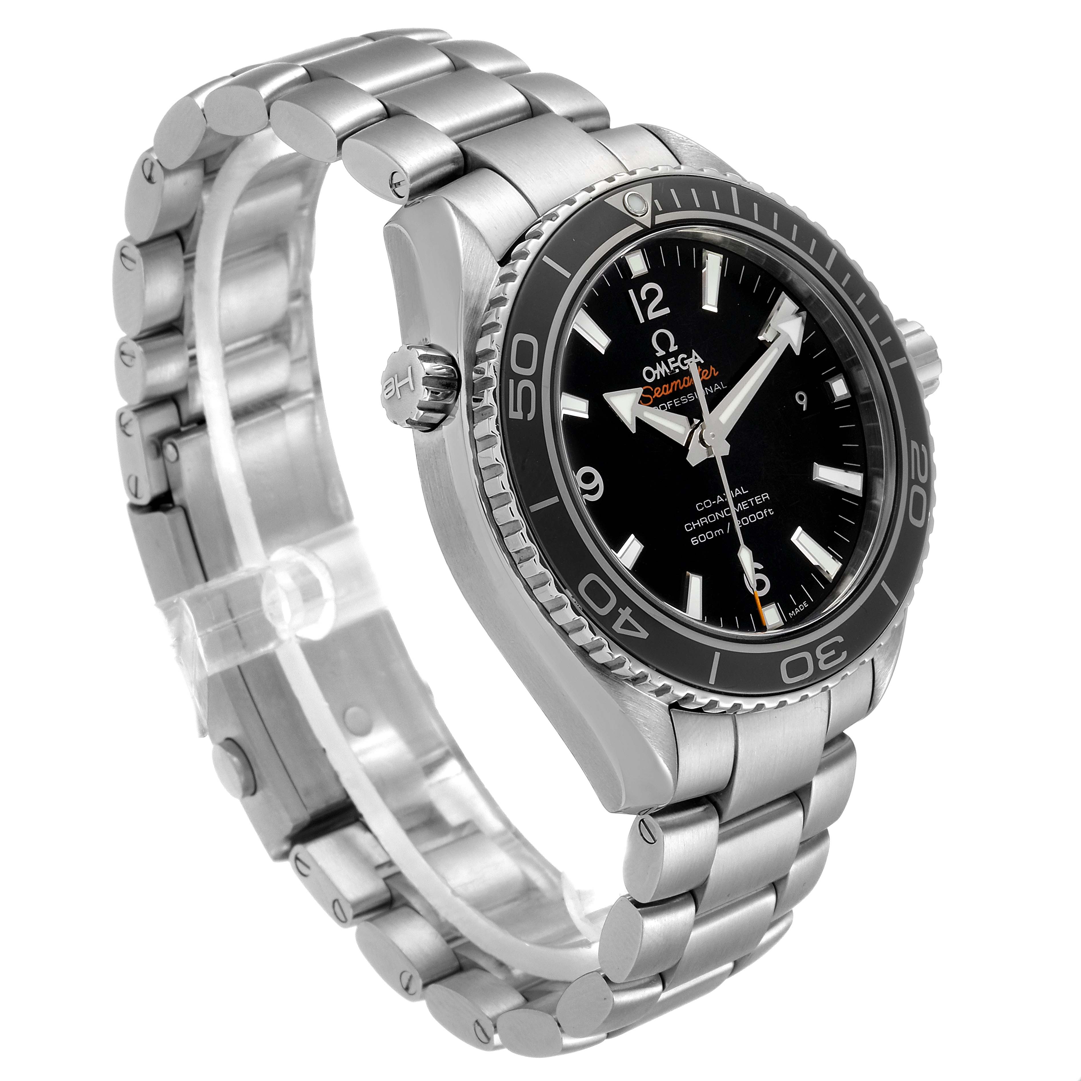 This image shows an angled view of an Omega Planet Ocean 232.30.42.21.01.001 Men
s Stainless Steel Black Dial 232.30.42.21.01.001 Men
s Stainless Steel Black Dial watch, highlighting the watch face, bezel, crown, and stainless steel bracelet.