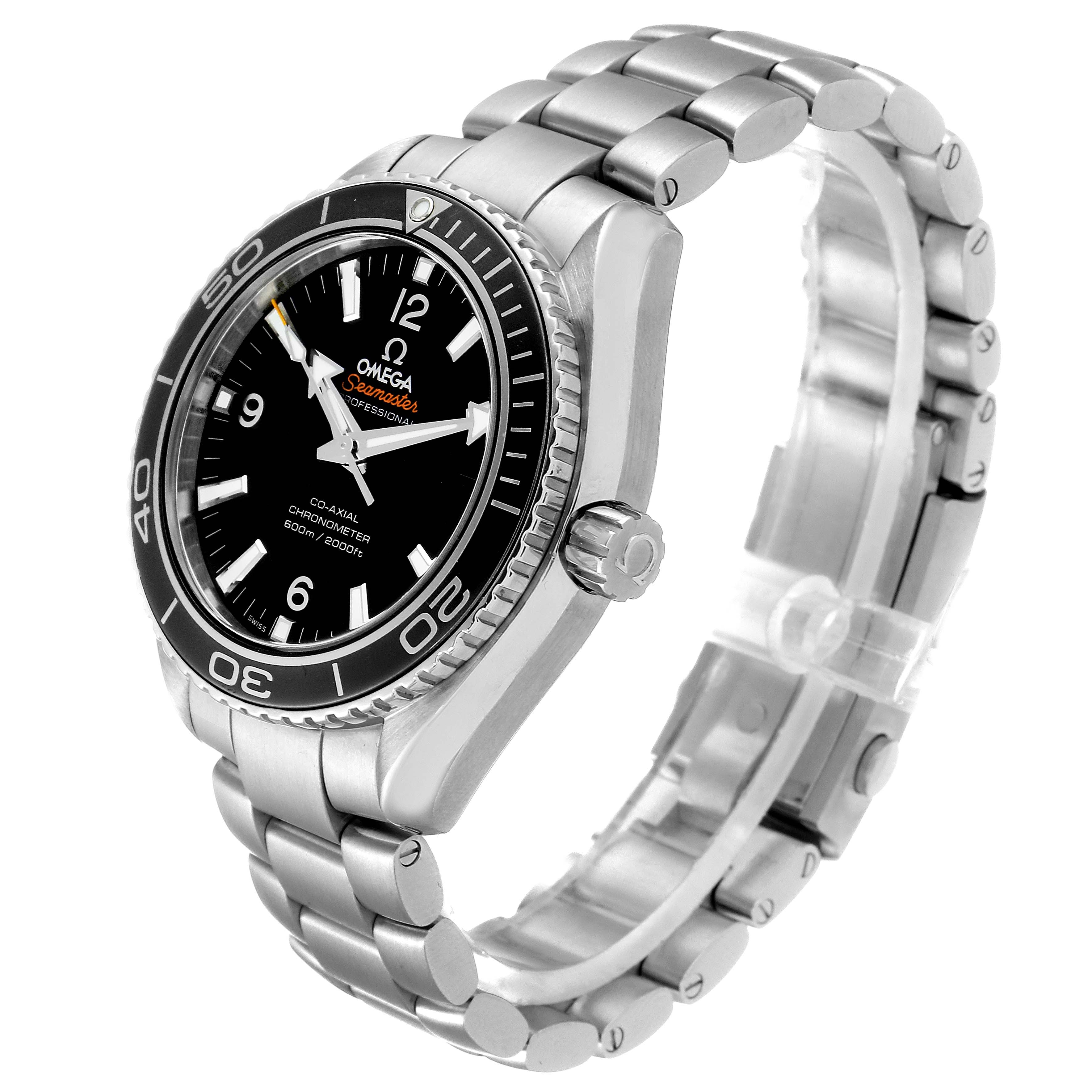 The Omega Planet Ocean 232.30.42.21.01.001 Men
s Stainless Steel Black Dial 232.30.42.21.01.001 Men
s Stainless Steel Black Dial watch is shown at a slight angle, highlighting its face, bezel, bracelet, and crown.
