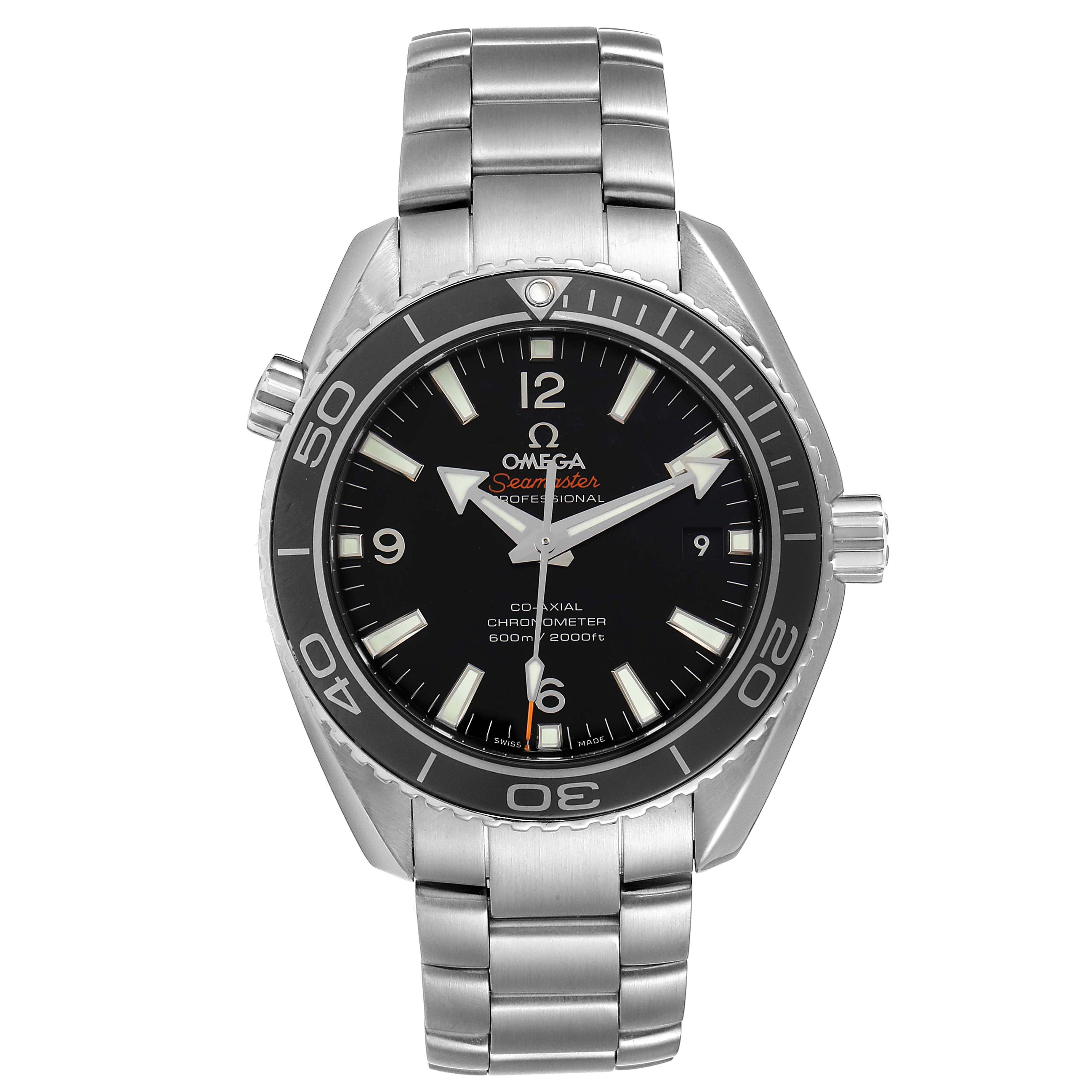 The Omega Planet Ocean 232.30.42.21.01.001 Men
s Stainless Steel Black Dial 232.30.42.21.01.001 Men
s Stainless Steel Black Dial watch is shown from the front, displaying its dial, bezel, crown, and metal bracelet.