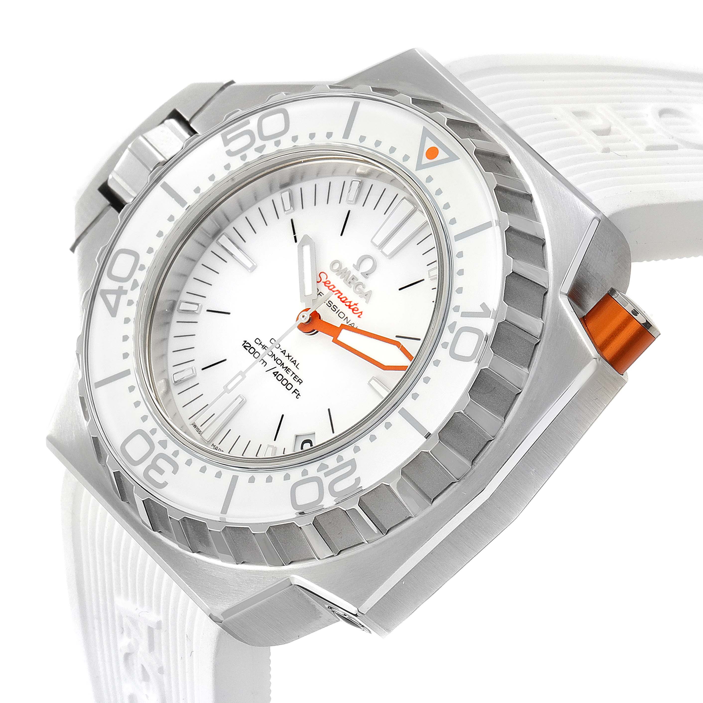 The image shows an angled view of an Omega Ploprof 224.32.55.21.04.001 Men's Stainless Steel White Dial 224.32.55.21.04.001 Men's Stainless Steel White Dial watch, highlighting the face, bezel, crown, and part of the white strap.