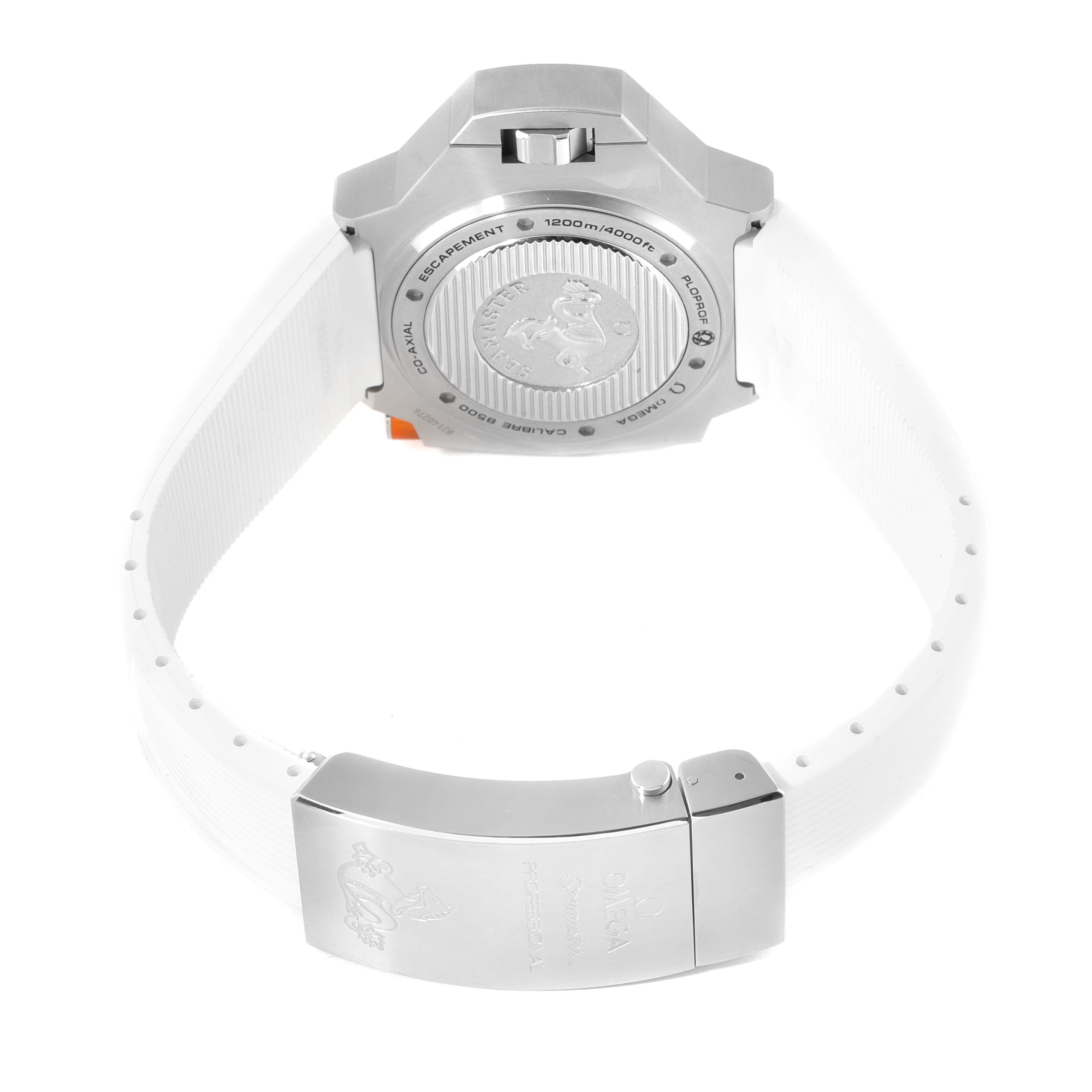 The image shows the back view of an Omega Ploprof 224.32.55.21.04.001 Men's Stainless Steel White Dial 224.32.55.21.04.001 Men's Stainless Steel White Dial watch, highlighting its case back and white strap.