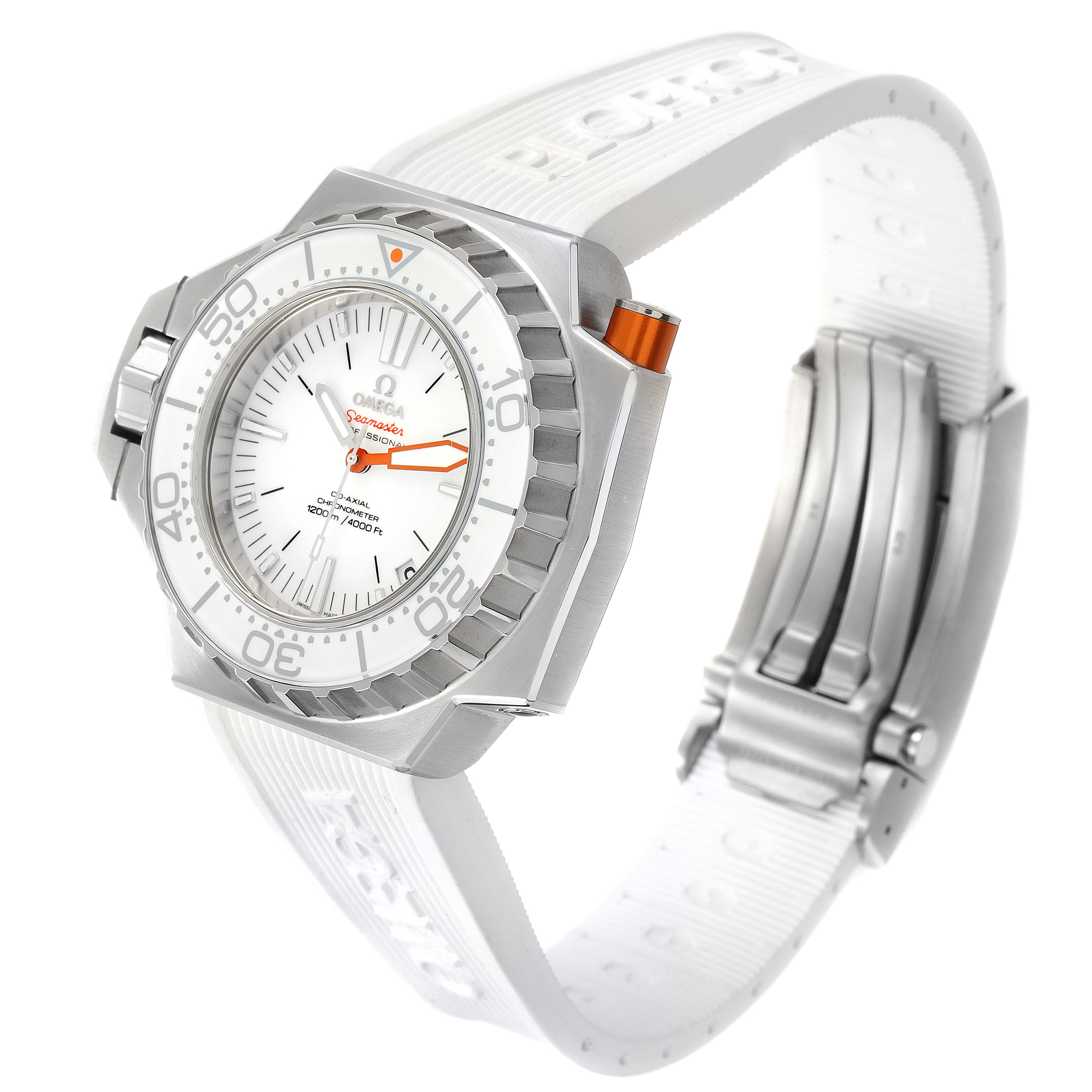 The Omega Ploprof 224.32.55.21.04.001 Men's Stainless Steel White Dial 224.32.55.21.04.001 Men's Stainless Steel White Dial watch is shown at an angle highlighting the face, bezel, and strap with clasp.