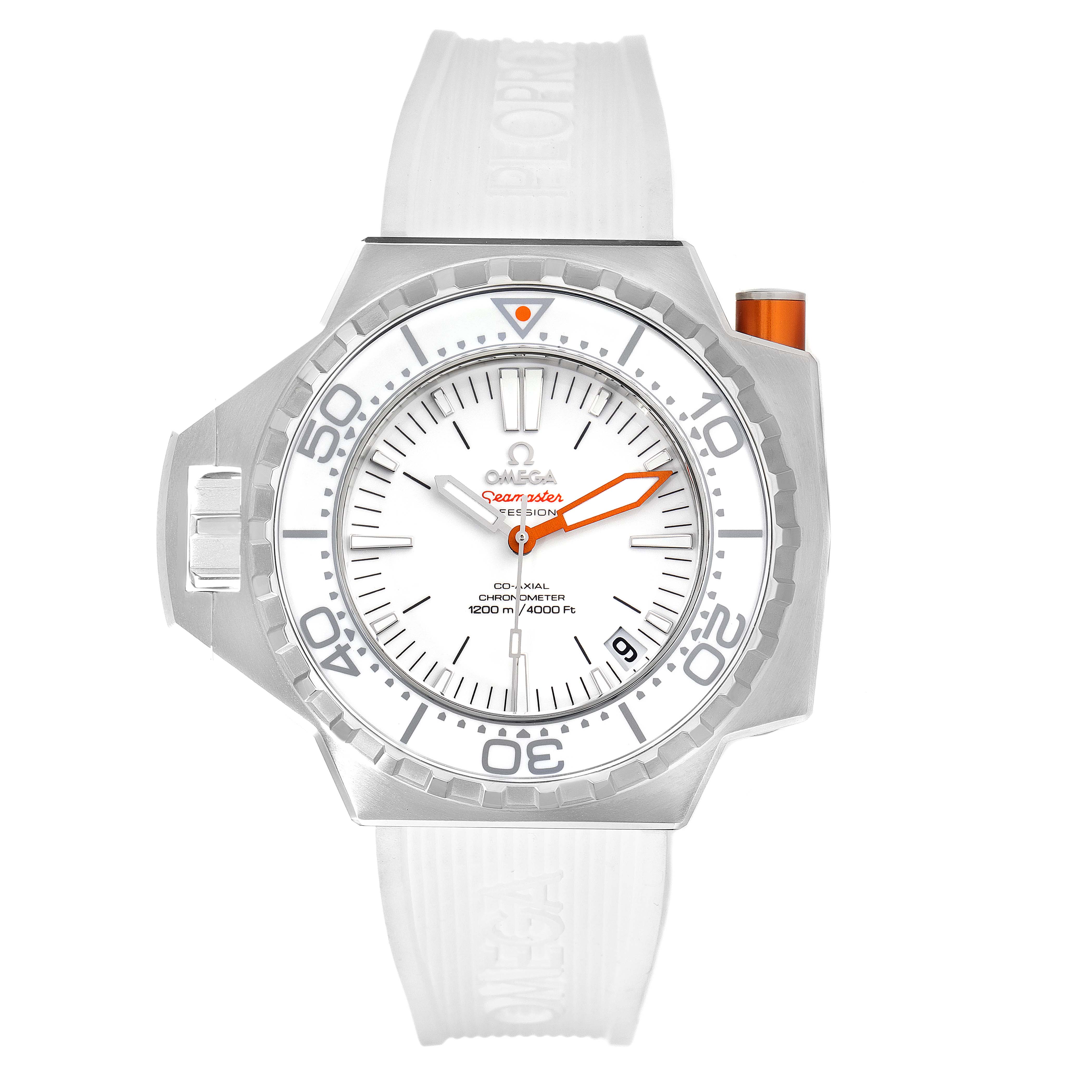 The image displays a front view of the Omega Ploprof 224.32.55.21.04.001 Men's Stainless Steel White Dial 224.32.55.21.04.001 Men's Stainless Steel White Dial watch, showcasing its dial, case, bezel, and strap.