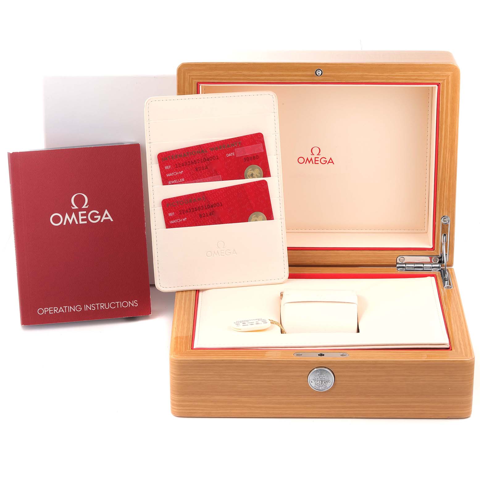 This Omega Ploprof 224.32.55.21.04.001 Men's Stainless Steel White Dial 224.32.55.21.04.001 Men's Stainless Steel White Dial watch accessories include the box, operating instructions, and certification cards shown from a frontal angle.