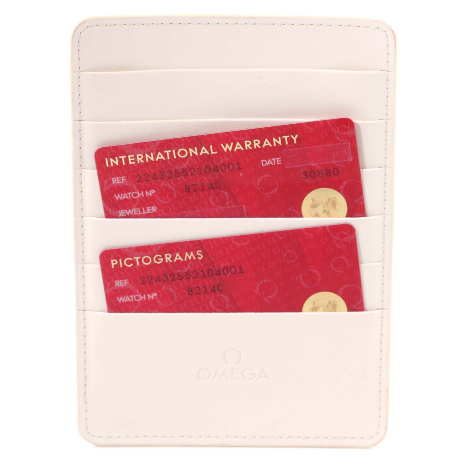 The image shows the warranty and pictogram cards for the Omega Ploprof 224.32.55.21.04.001 Men's Stainless Steel White Dial 224.32.55.21.04.001 Men's Stainless Steel White Dial model in a white cardholder.