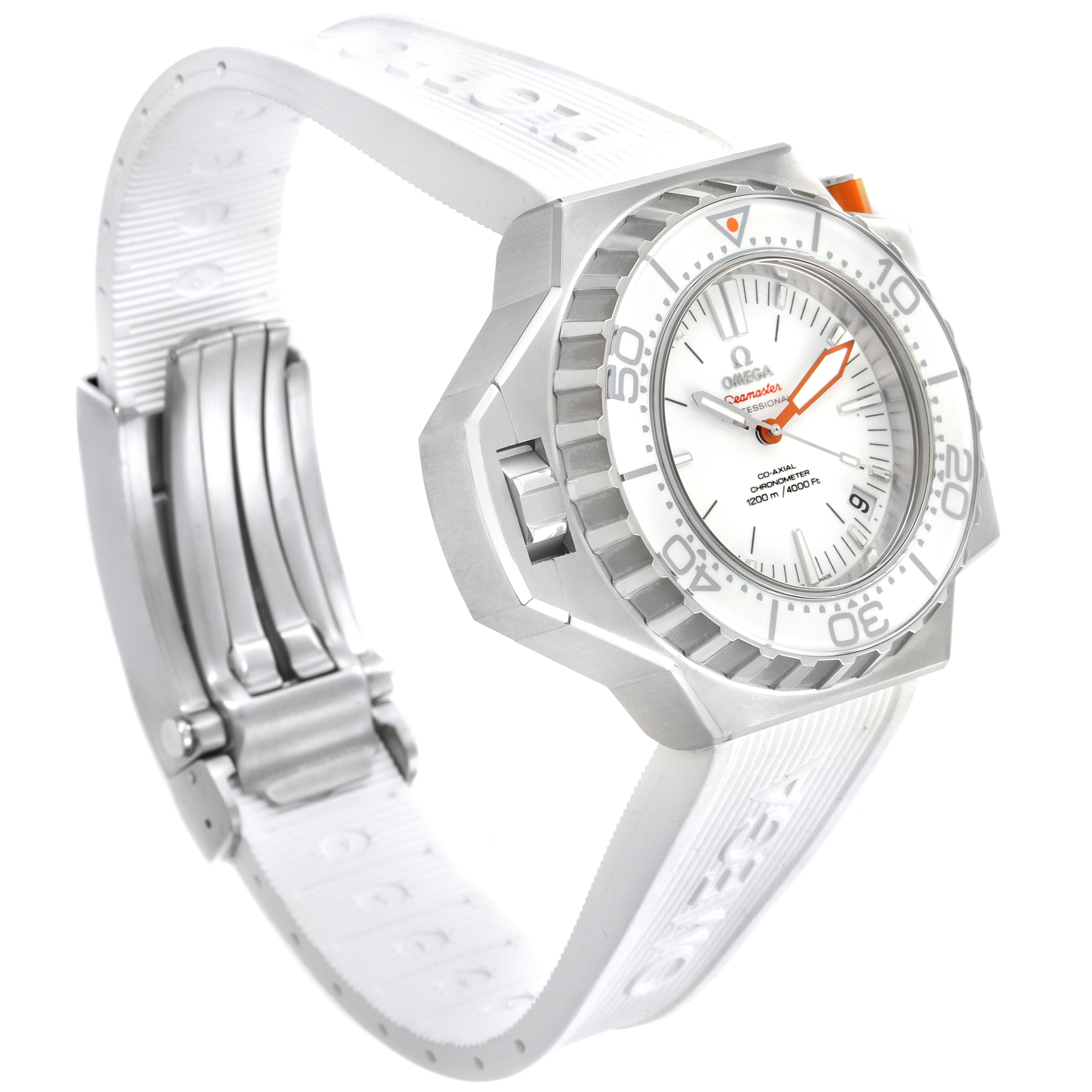 The image displays the Omega Ploprof 224.32.55.21.04.001 Men's Stainless Steel White Dial 224.32.55.21.04.001 Men's Stainless Steel White Dial model watch from an angled side view, showing the face, bezel, and part of the strap and clasp.