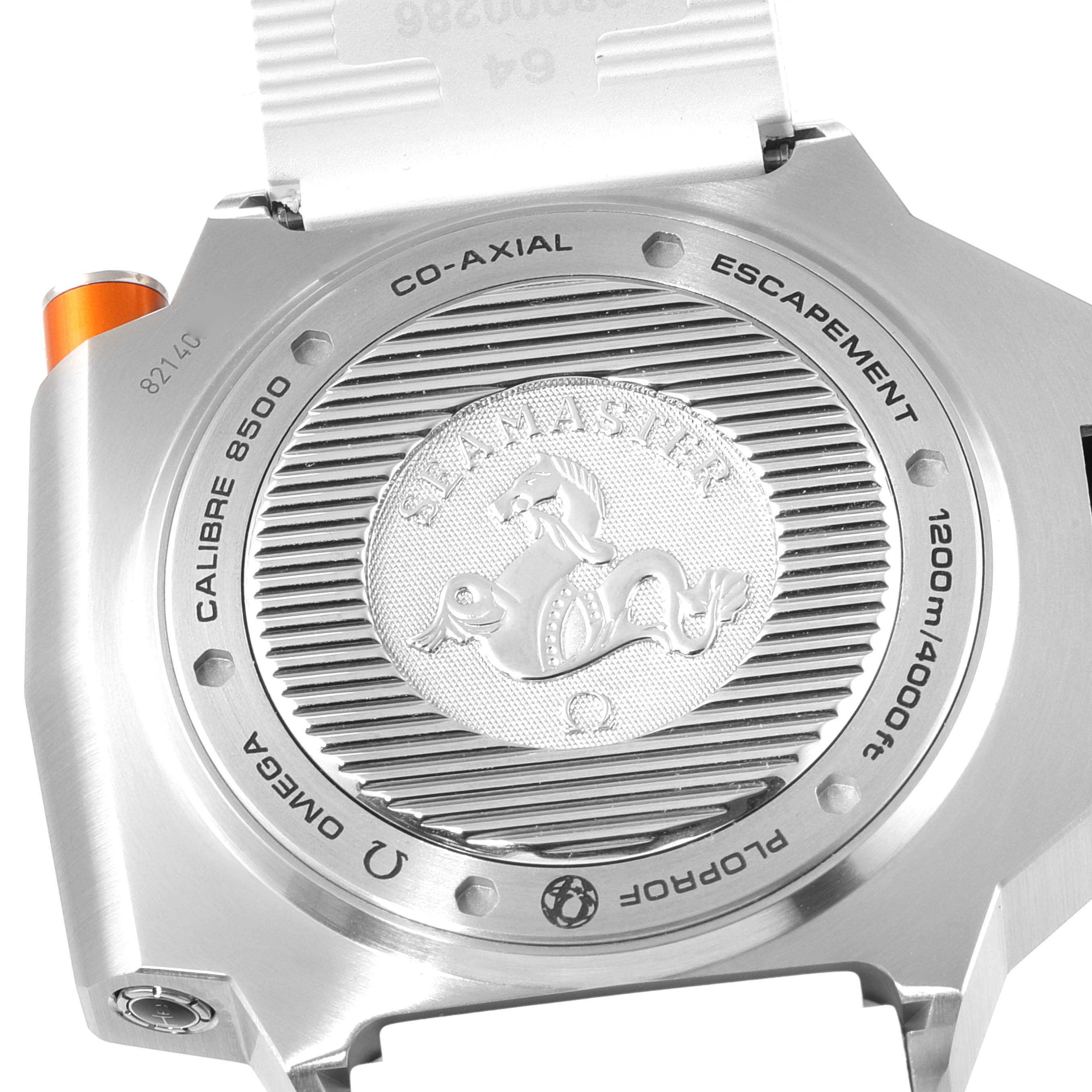 The image shows the back case of the Omega Ploprof 224.32.55.21.04.001 Men's Stainless Steel White Dial 224.32.55.21.04.001 Men's Stainless Steel White Dial watch, highlighting the "Seamaster" engraving and water resistance.