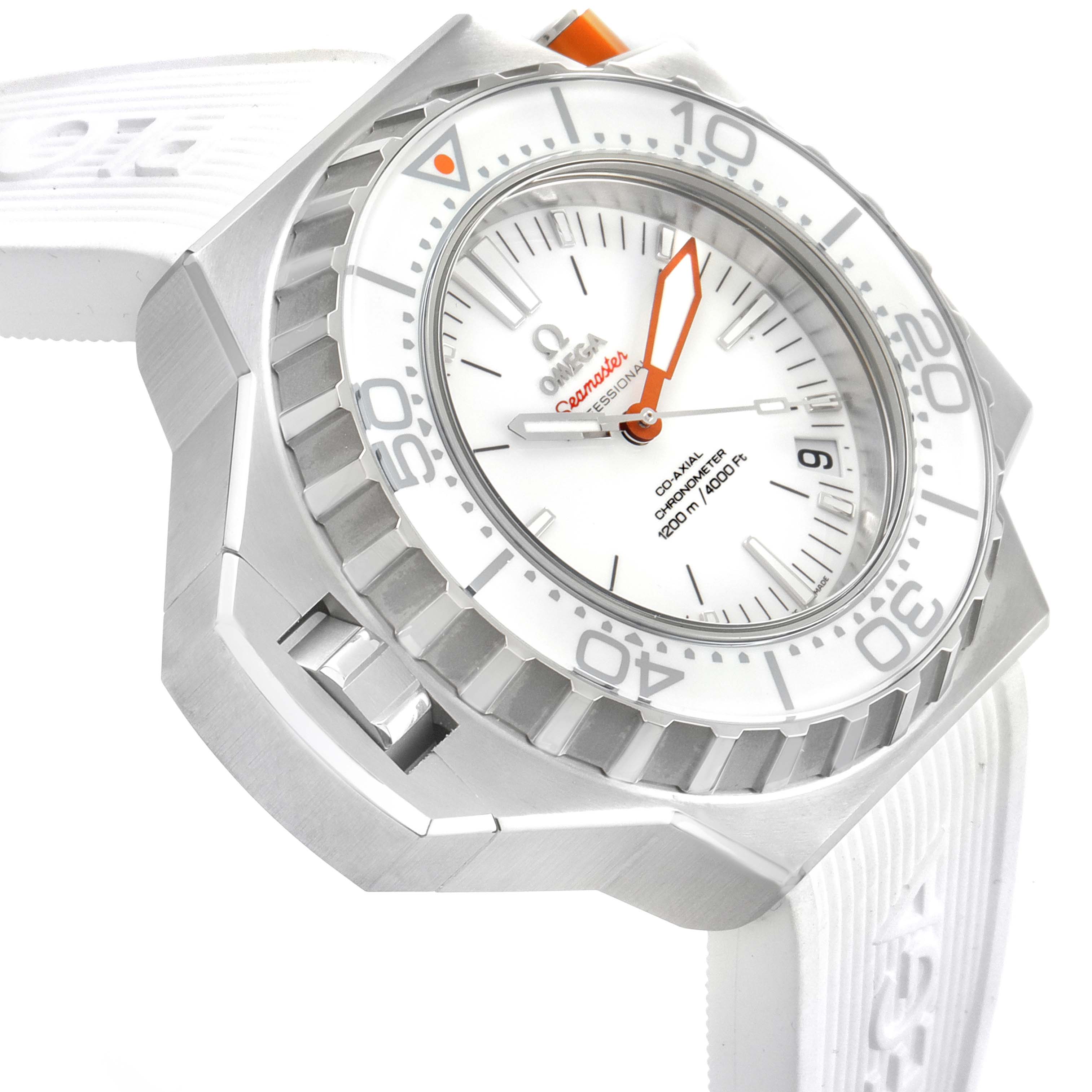 This Omega Ploprof 224.32.55.21.04.001 Men's Stainless Steel White Dial 224.32.55.21.04.001 Men's Stainless Steel White Dial watch is shown at an angle highlighting the face, bezel, and part of the white strap.
