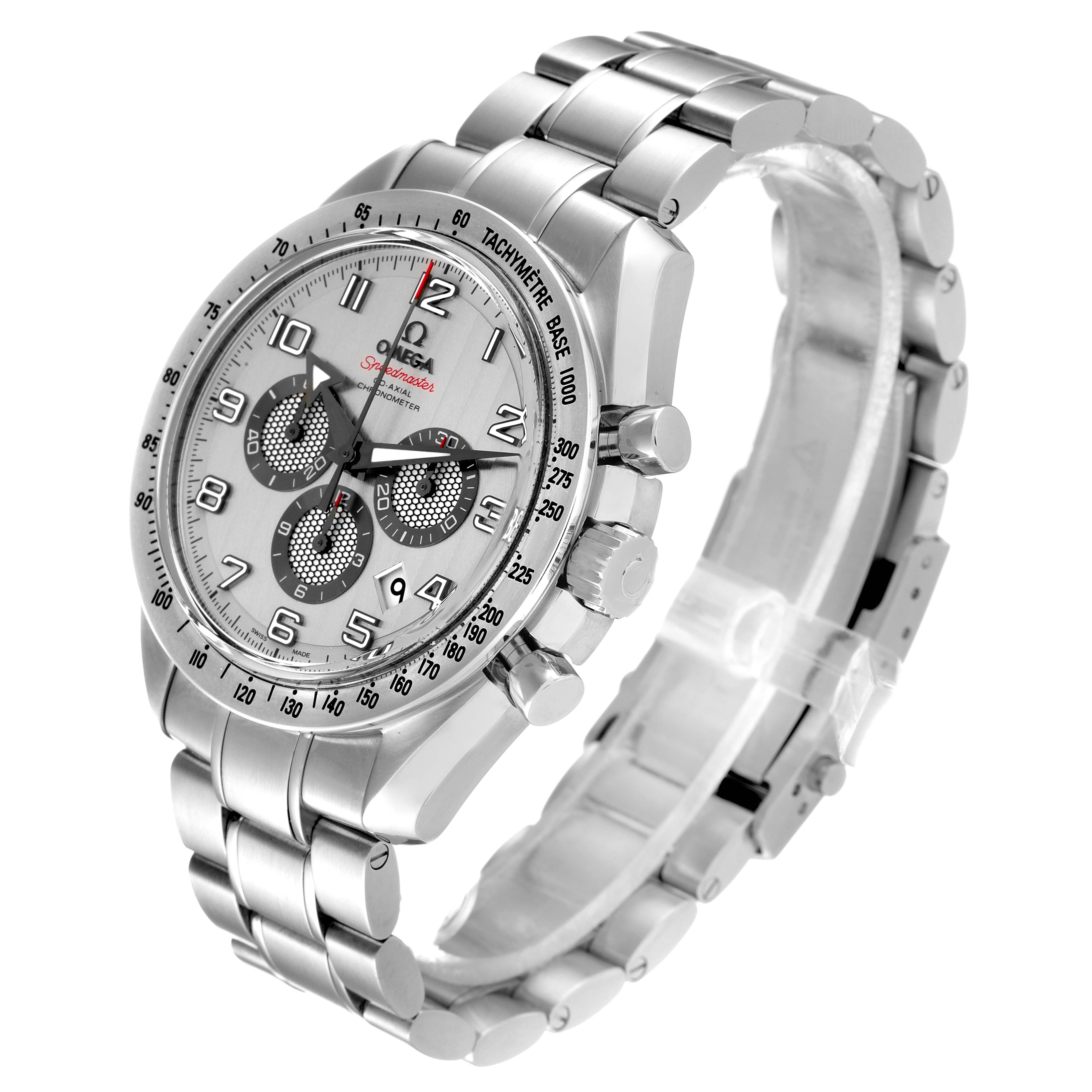 The image shows an angled side view of the Omega Speedmaster 321.10.44.50.02.001 Men
s Stainless Steel Silver Dial 321.10.44.50.02.001 Men
s Stainless Steel Silver Dial watch, displaying the face, bezel, crown, pushers, and bracelet.