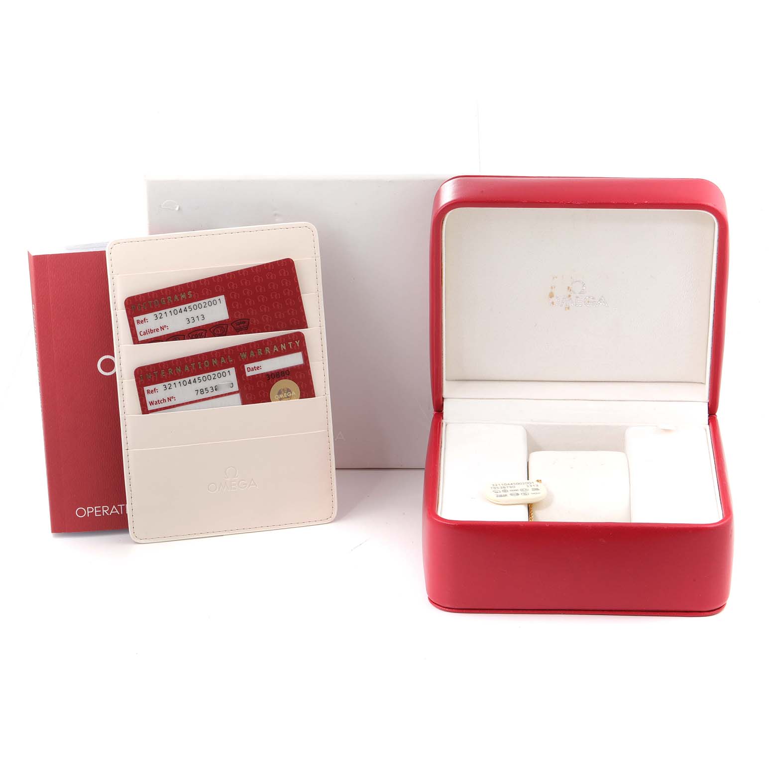 The image shows an Omega Speedmaster 321.10.44.50.02.001 Men
s Stainless Steel Silver Dial 321.10.44.50.02.001 Men
s Stainless Steel Silver Dial
s red watch box, warranty cards, and an operating manual.