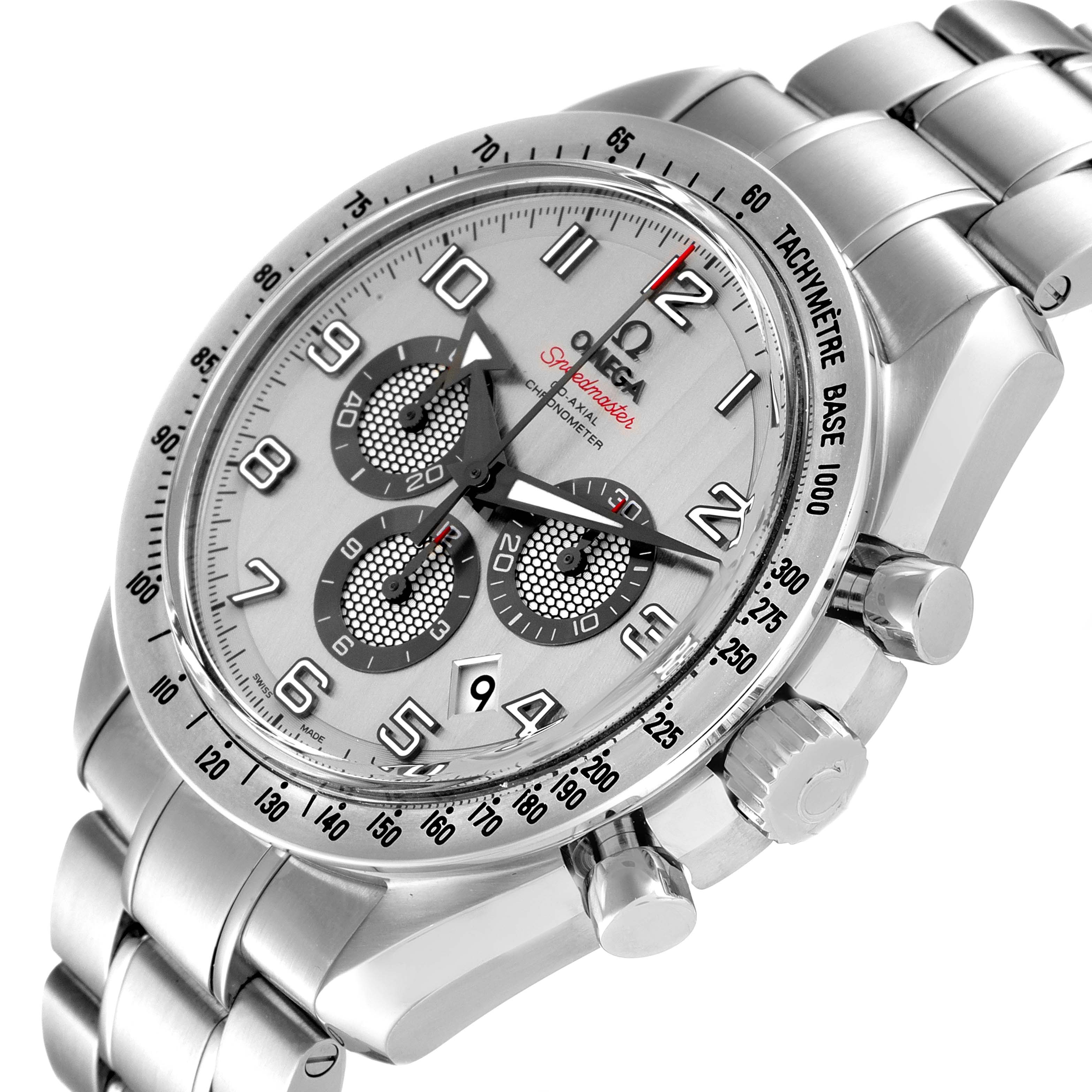 The Omega Speedmaster 321.10.44.50.02.001 Men
s Stainless Steel Silver Dial 321.10.44.50.02.001 Men
s Stainless Steel Silver Dial watch is shown from a three-quarter angle, highlighting the dial, tachymeter bezel, crown, and stainless steel bracelet.
