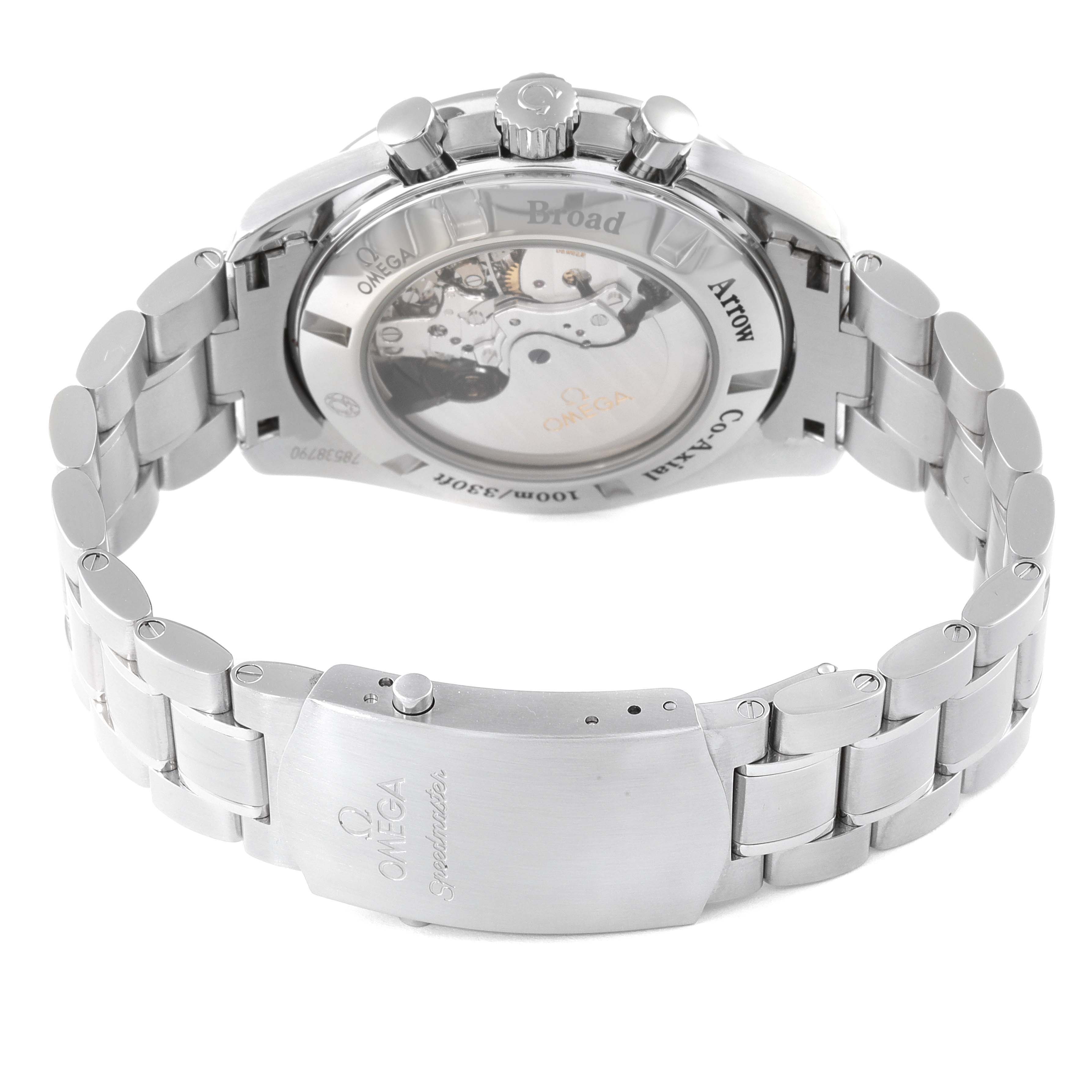 The image shows the back view of an Omega Speedmaster 321.10.44.50.02.001 Men
s Stainless Steel Silver Dial 321.10.44.50.02.001 Men
s Stainless Steel Silver Dial watch, highlighting the transparent case back and stainless steel bracelet.