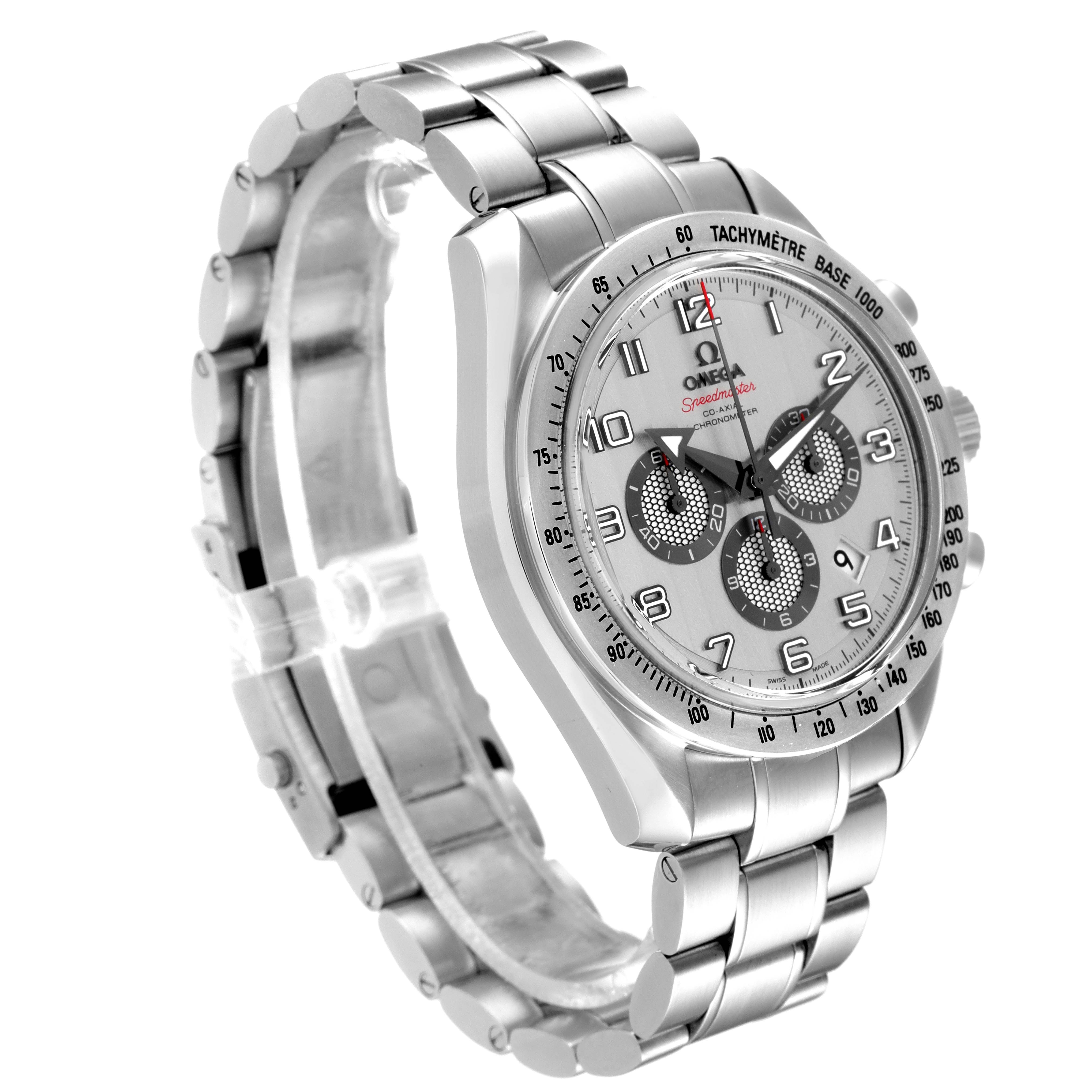 The image shows an angled view of an Omega Speedmaster 321.10.44.50.02.001 Men
s Stainless Steel Silver Dial 321.10.44.50.02.001 Men
s Stainless Steel Silver Dial watch, highlighting its dial, tachymeter bezel, and metal bracelet.